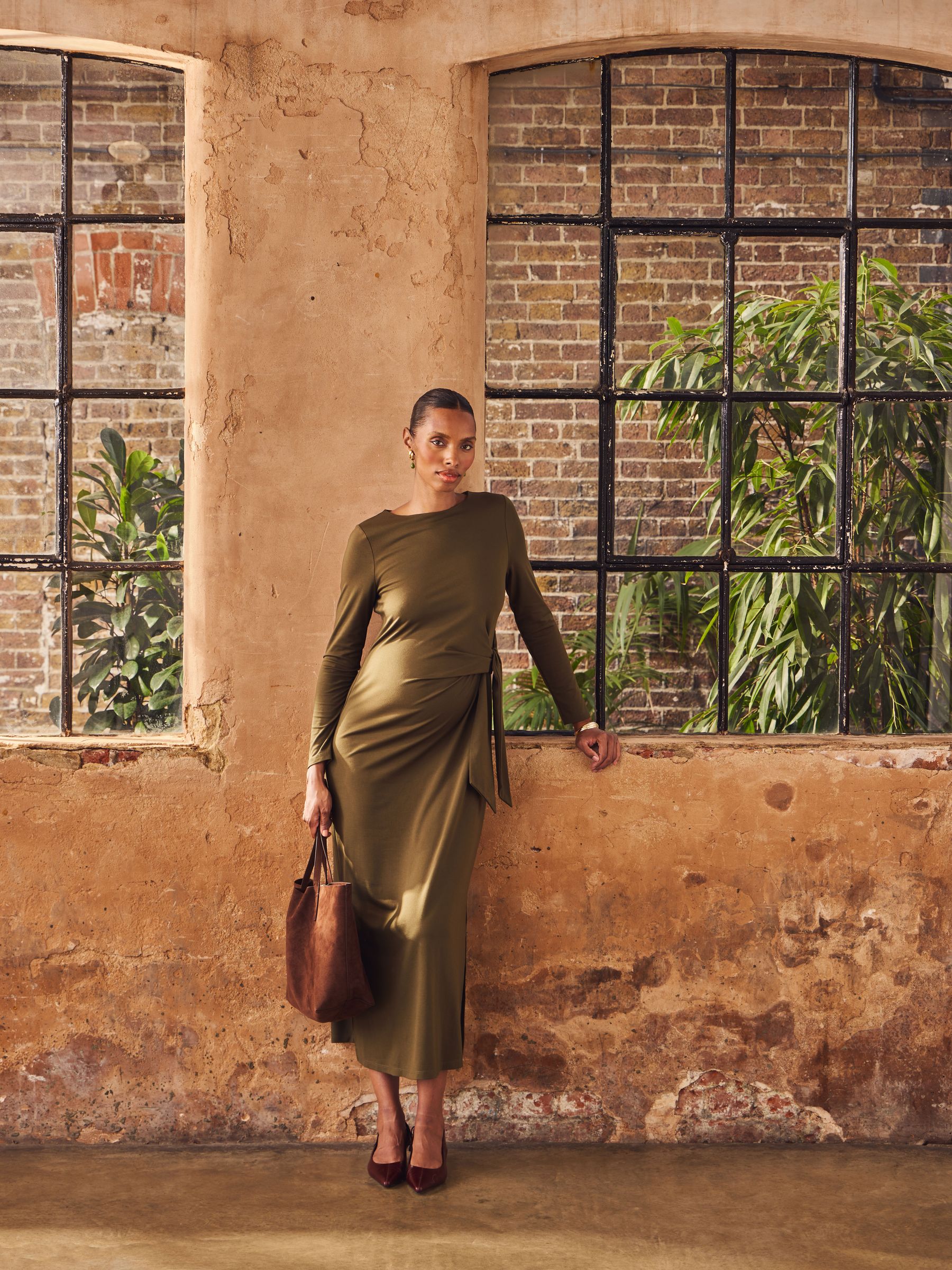 Khaki Green Long Sleeve Tie Front Maternity Midi Dress - Image 1 of 6 Khaki Green Long Sleeve Tie Front Maternity Midi Dress - Image 1 of 6