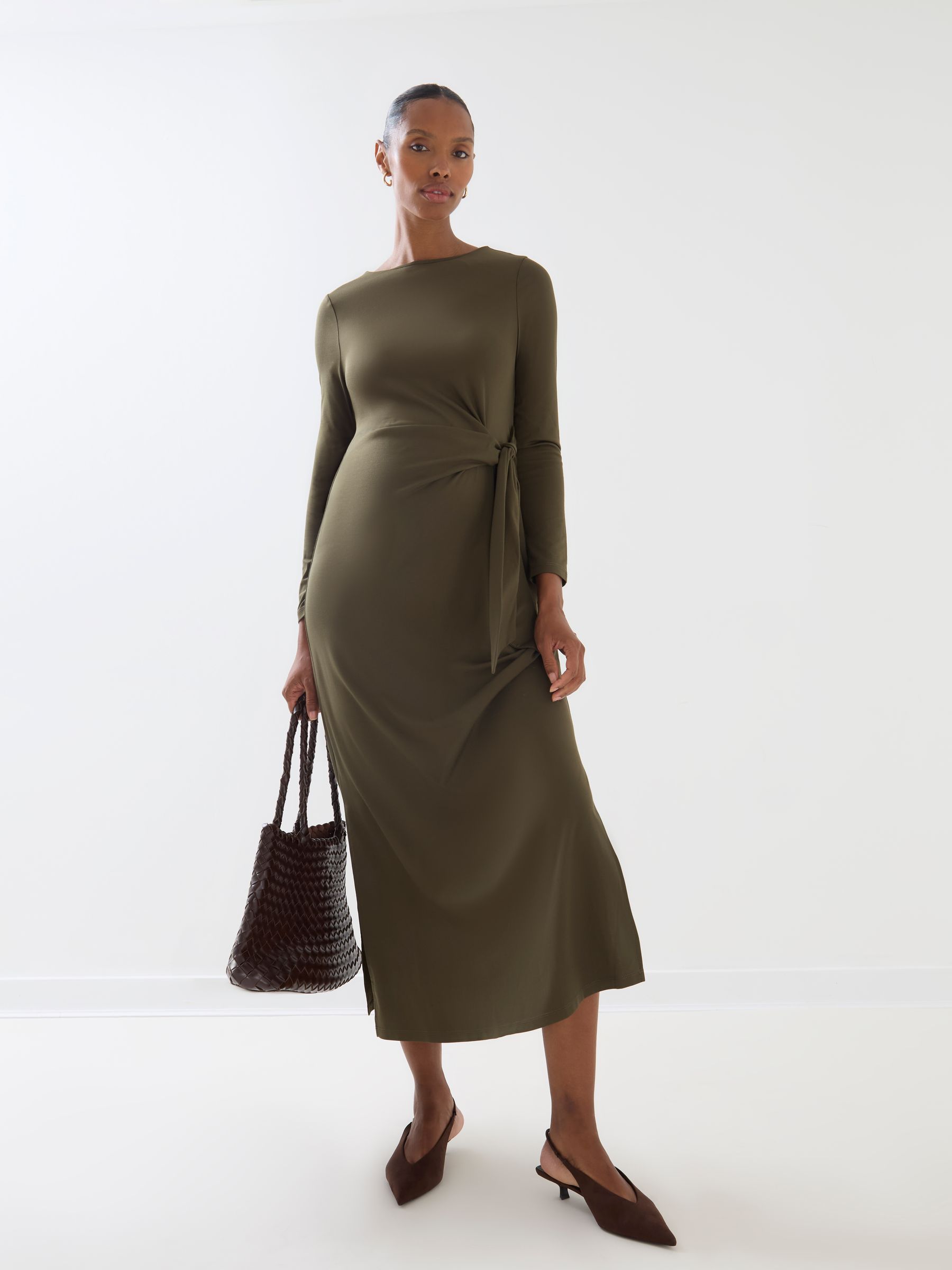 Khaki Green Long Sleeve Tie Front Maternity Midi Dress - Image 3 of 6