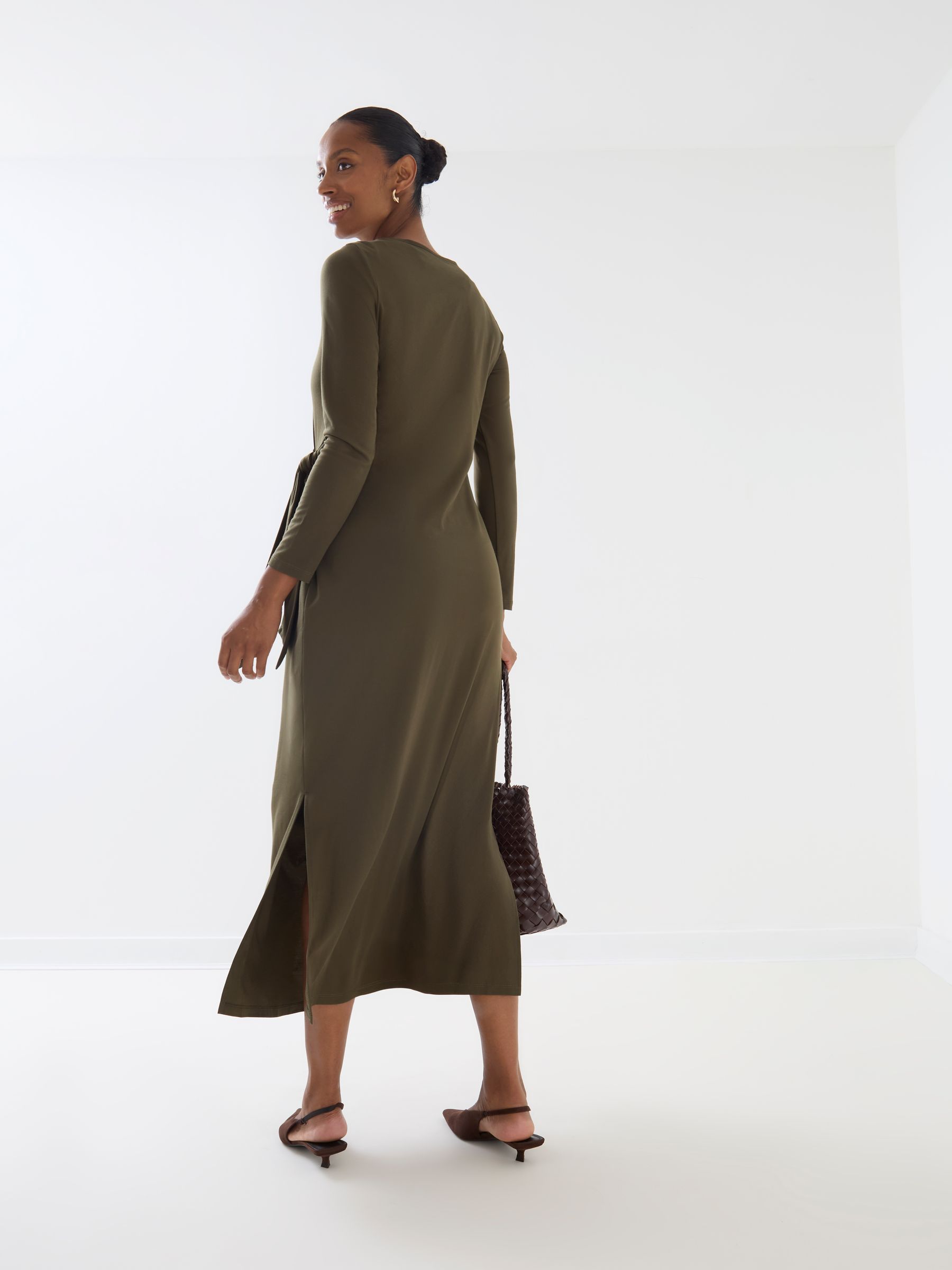 Khaki Green Long Sleeve Tie Front Maternity Midi Dress - Image 4 of 6