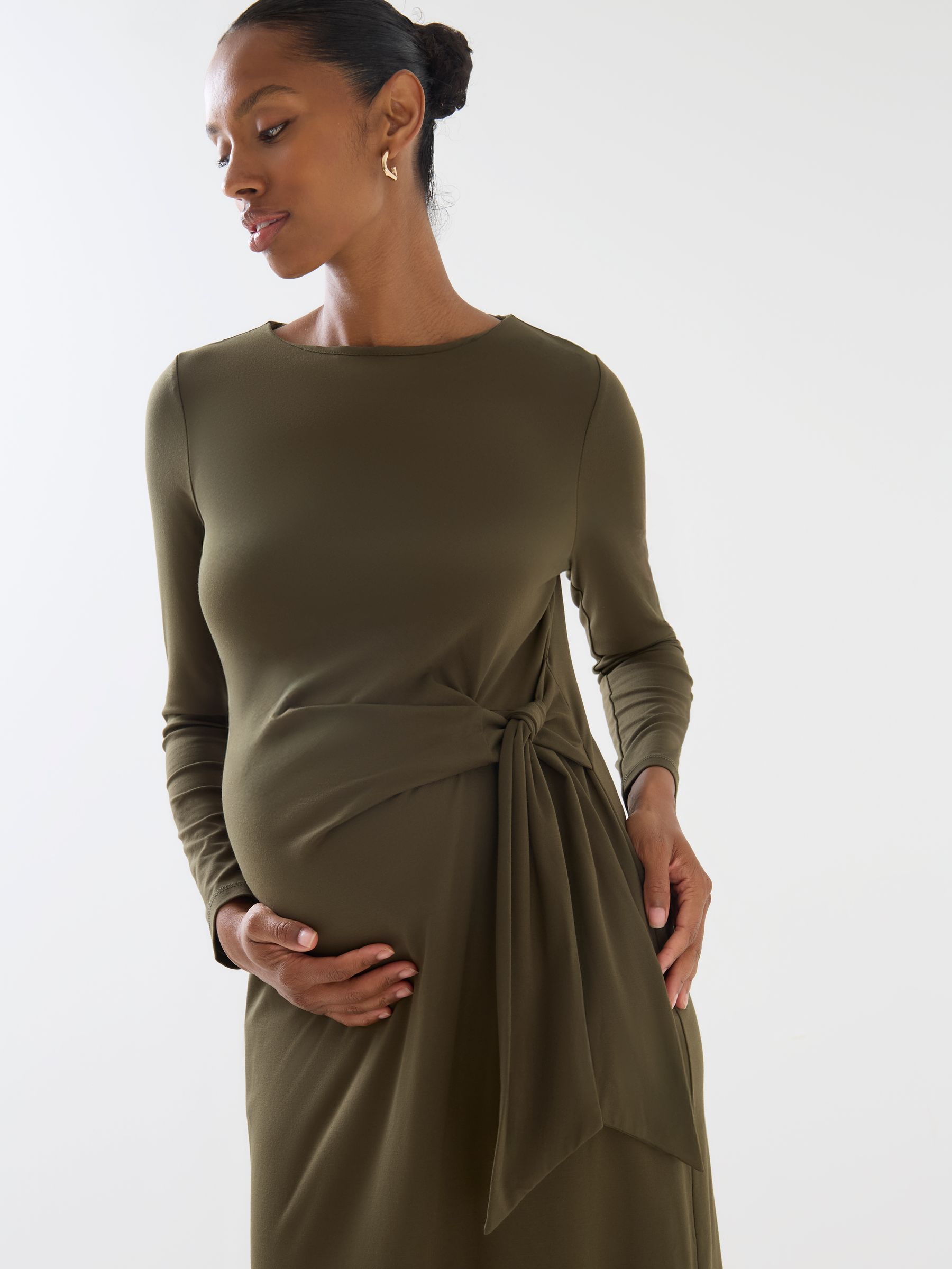Khaki Green Long Sleeve Tie Front Maternity Midi Dress - Image 5 of 6