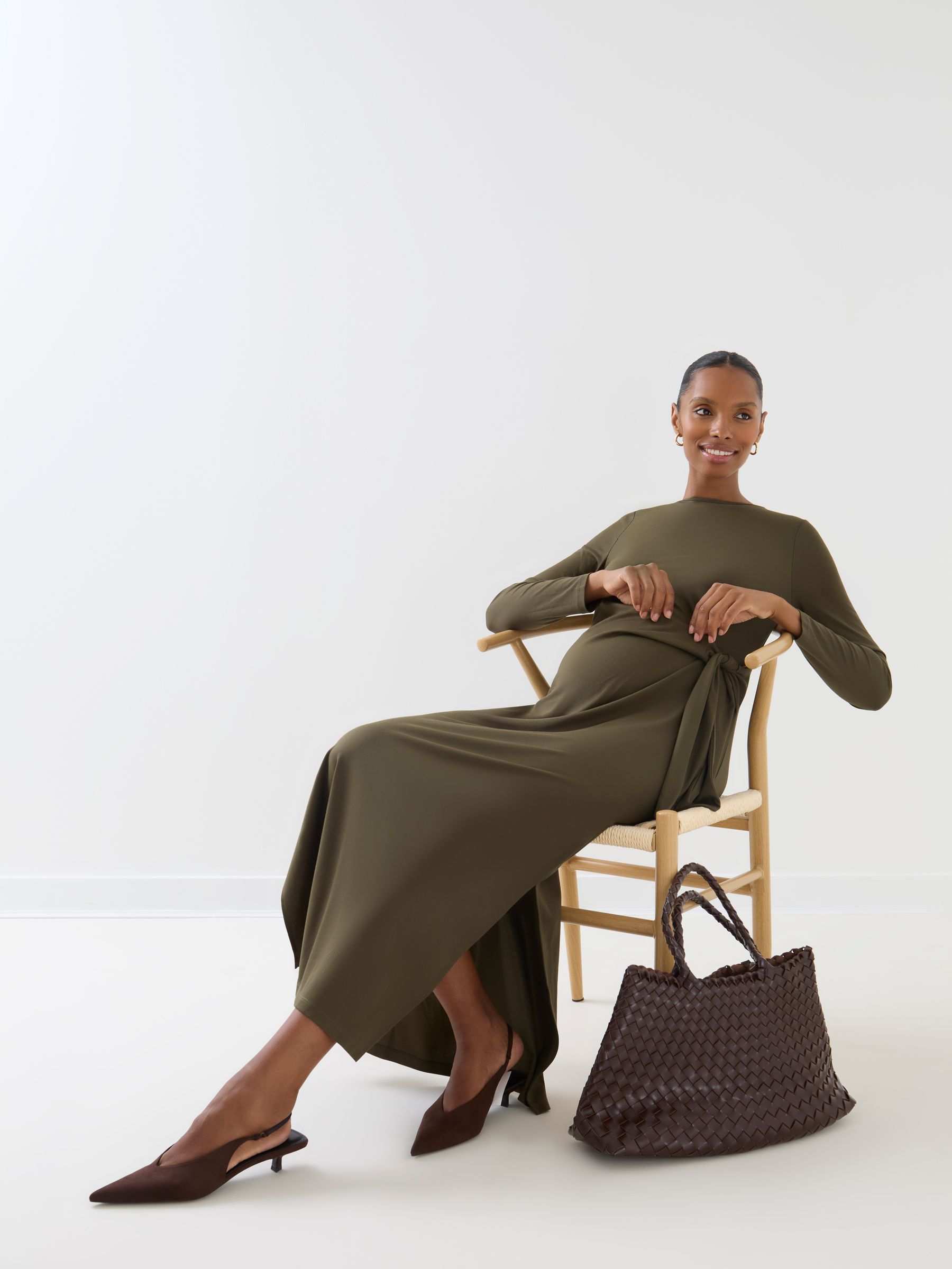 Khaki Green Long Sleeve Tie Front Maternity Midi Dress - Image 6 of 6
