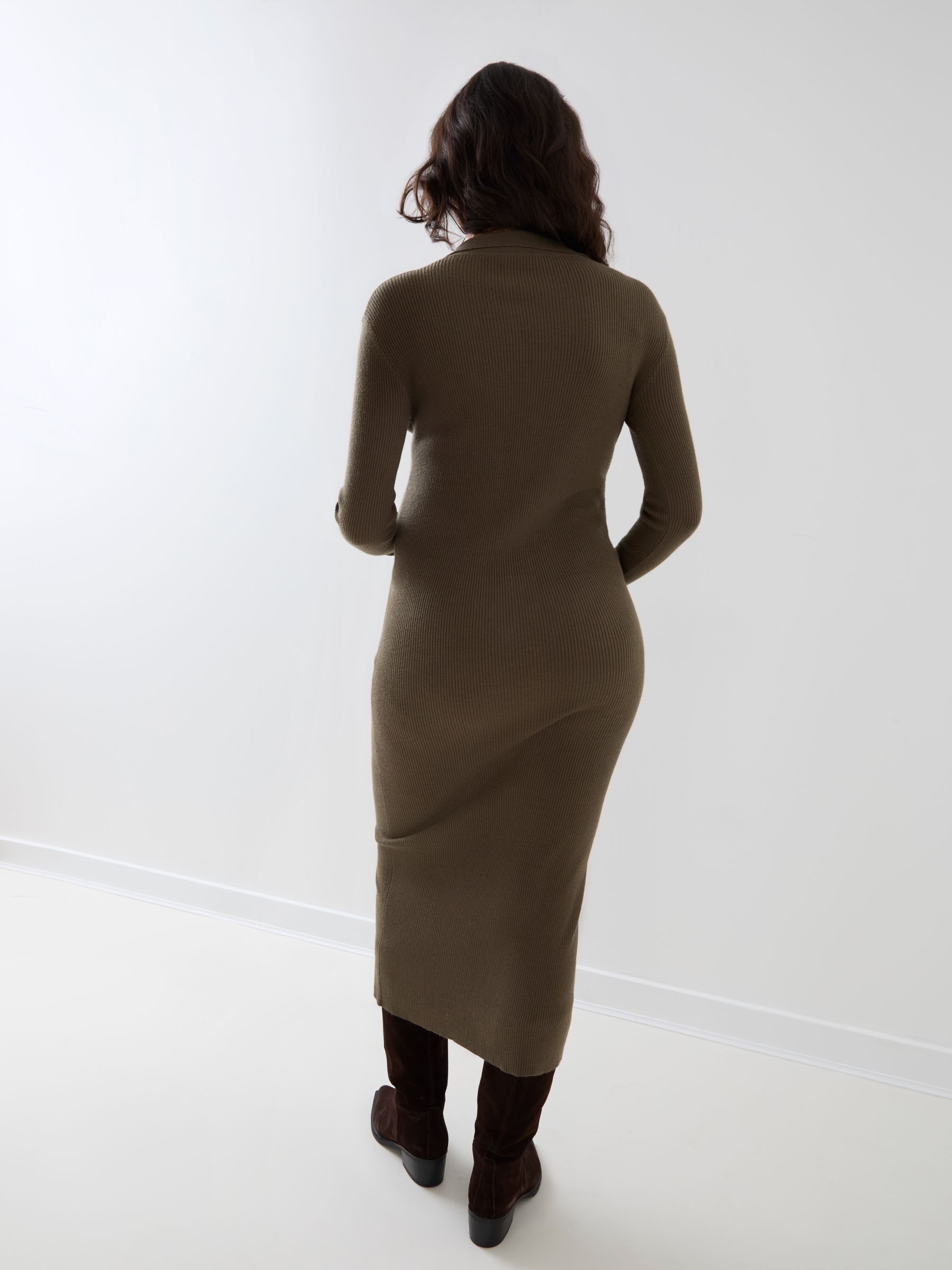 Khaki Green Long Sleeve Ribbed Maternity Midi Dress - Image 2 of 4 Khaki Green Long Sleeve Ribbed Maternity Midi Dress - Image 2 of 4