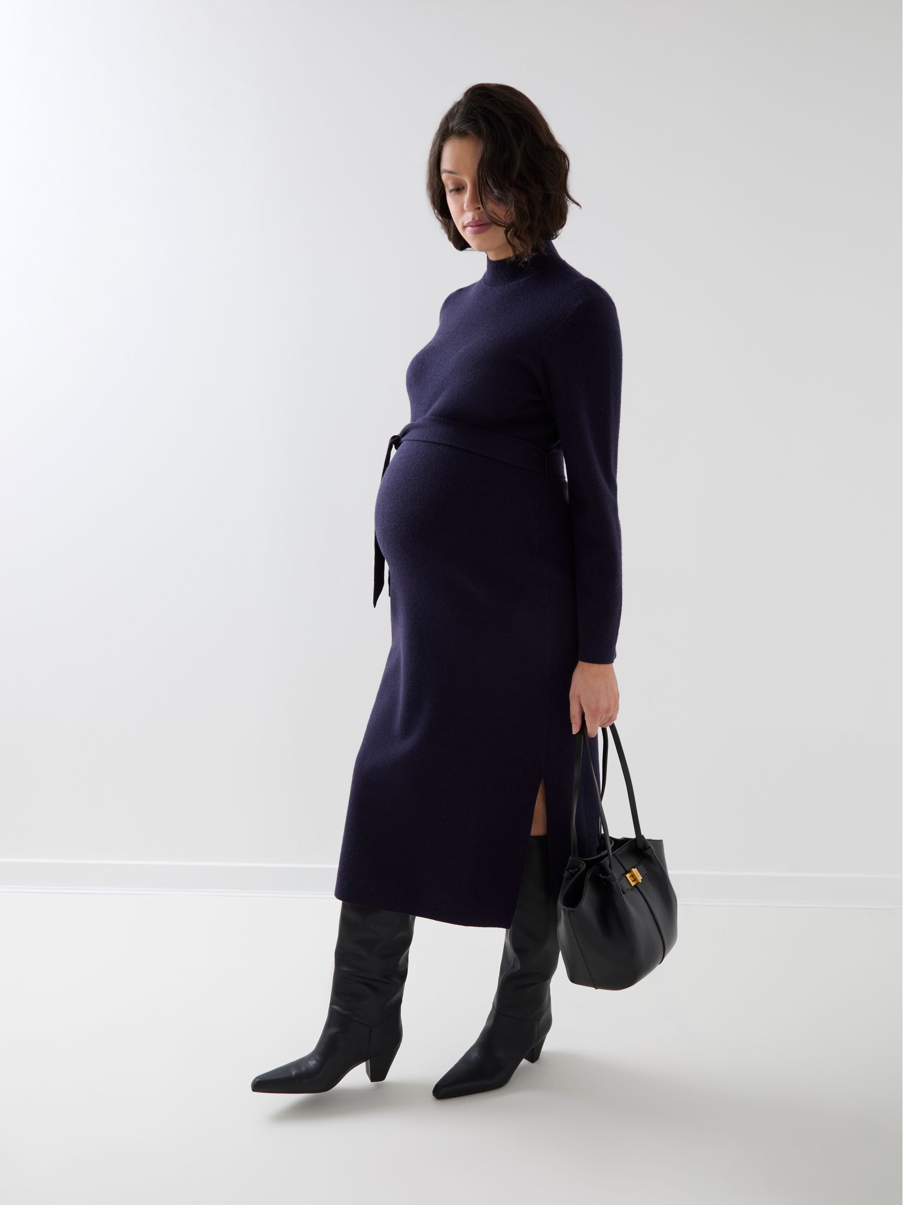Navy Blue Belted Knit Midi Maternity Dress - Image 1 of 7