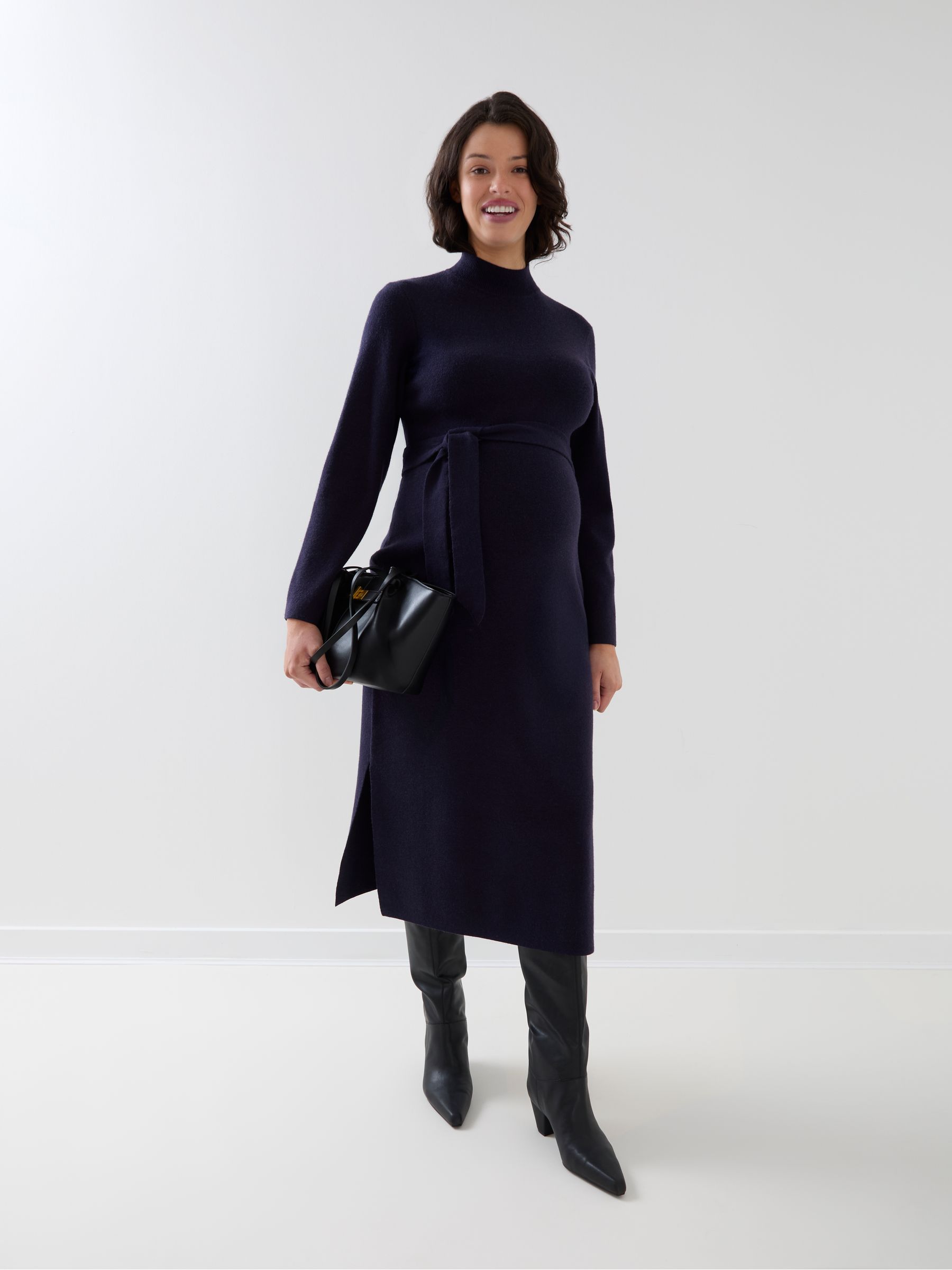 Navy Blue Belted Knit Midi Maternity Dress - Image 2 of 7