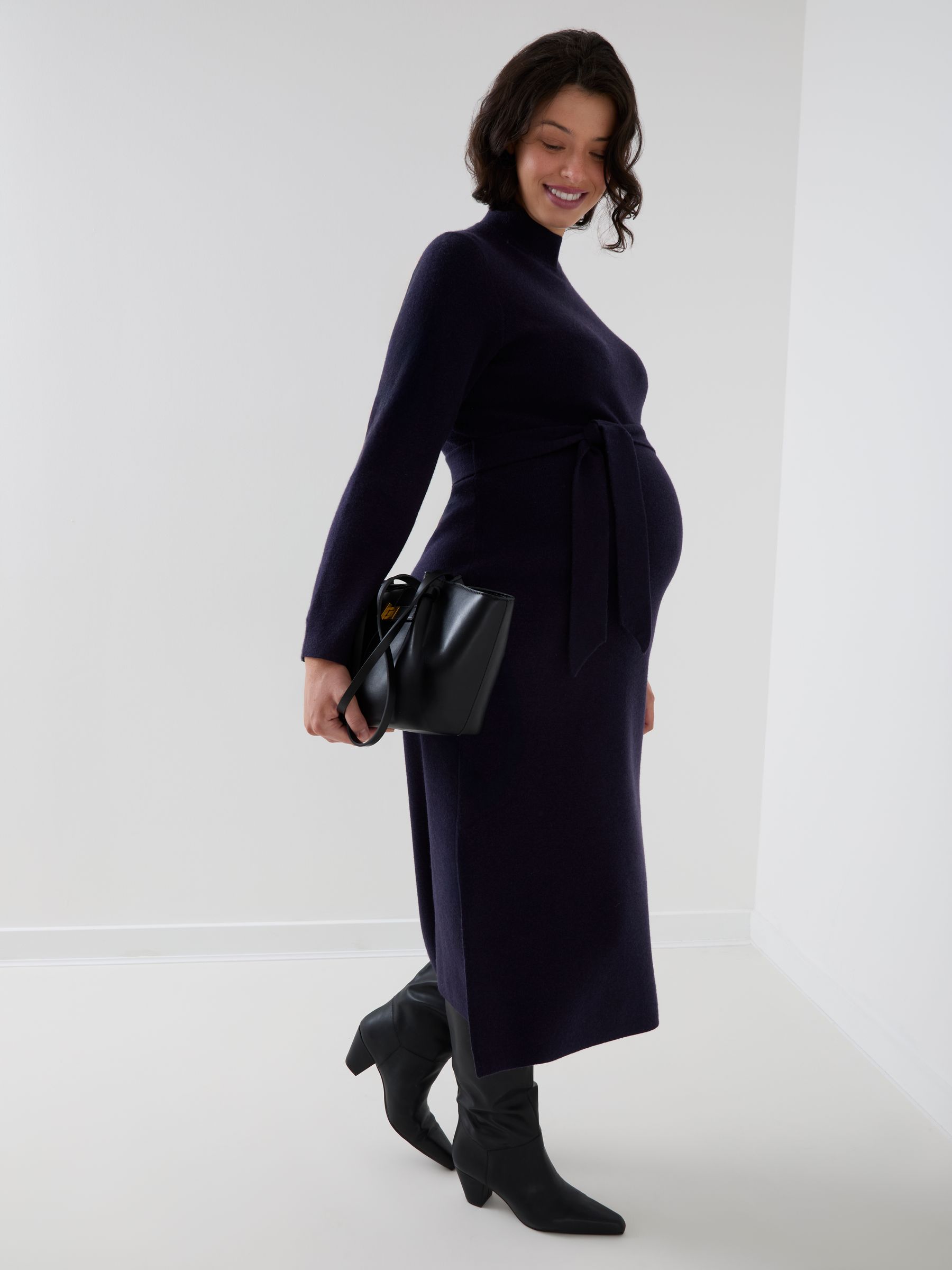 Navy Blue Belted Knit Midi Maternity Dress - Image 3 of 7