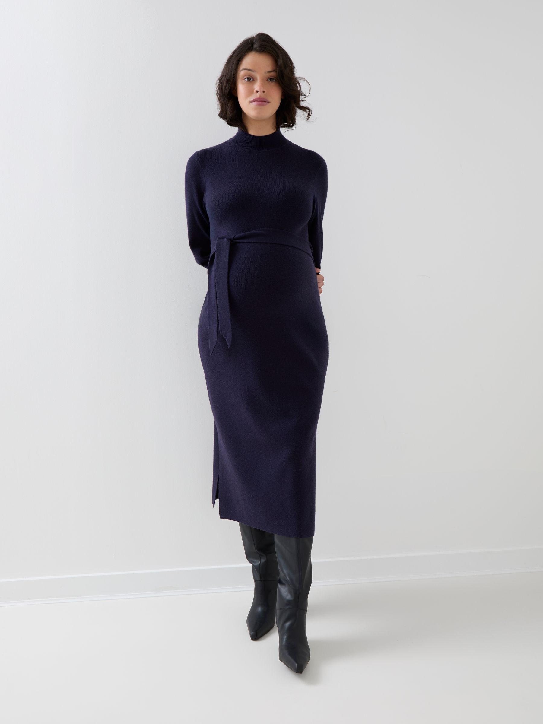 Navy Blue Belted Knit Midi Maternity Dress - Image 4 of 7