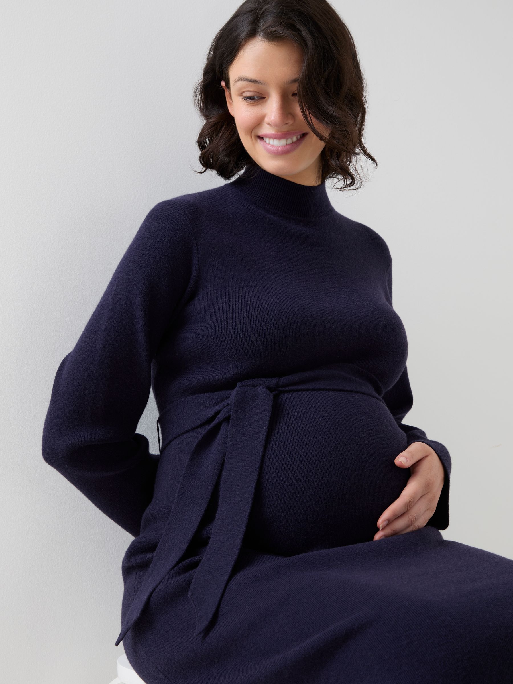 Navy Blue Belted Knit Midi Maternity Dress - Image 6 of 7