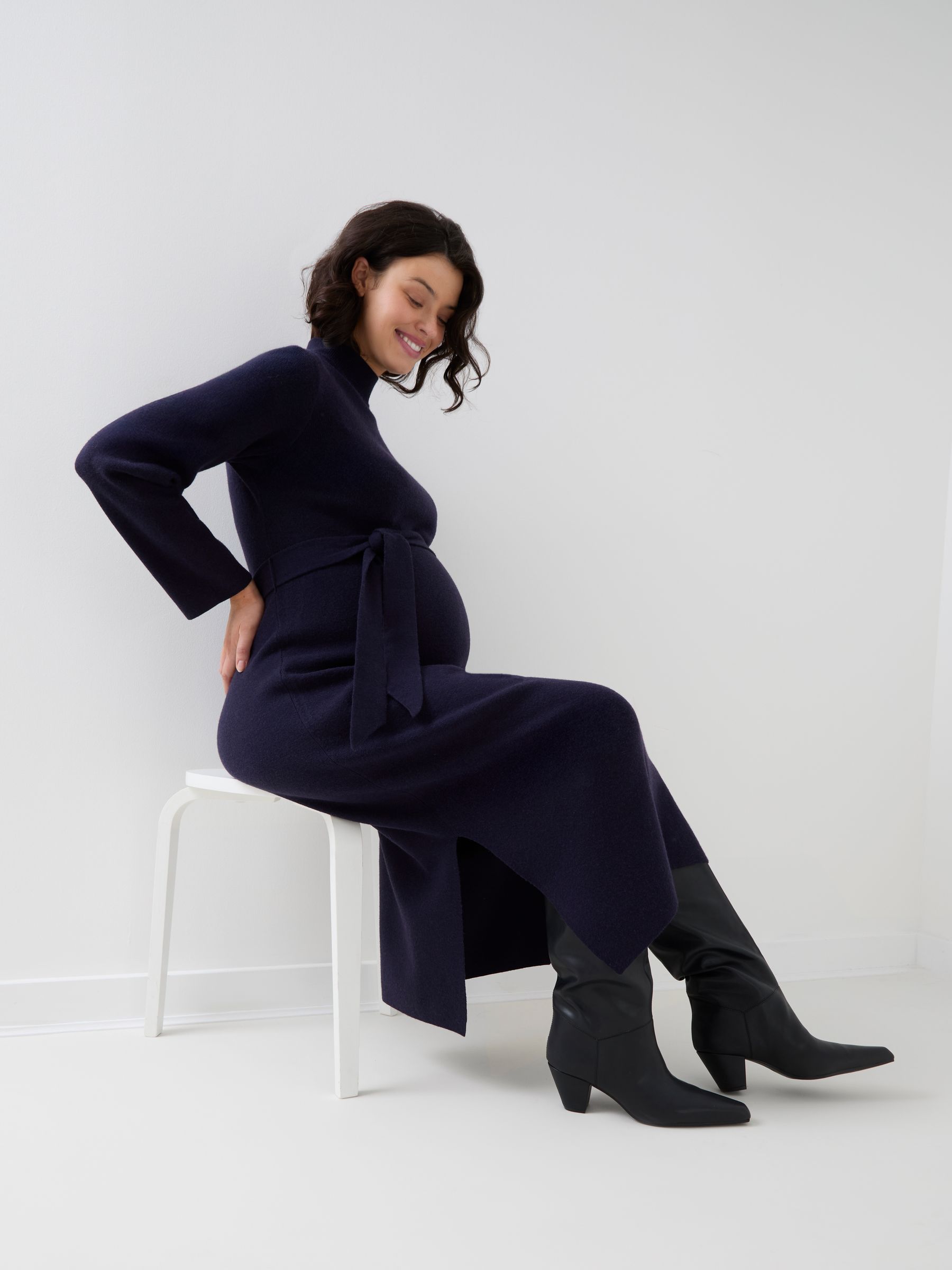 Navy Blue Belted Knit Midi Maternity Dress - Image 7 of 7