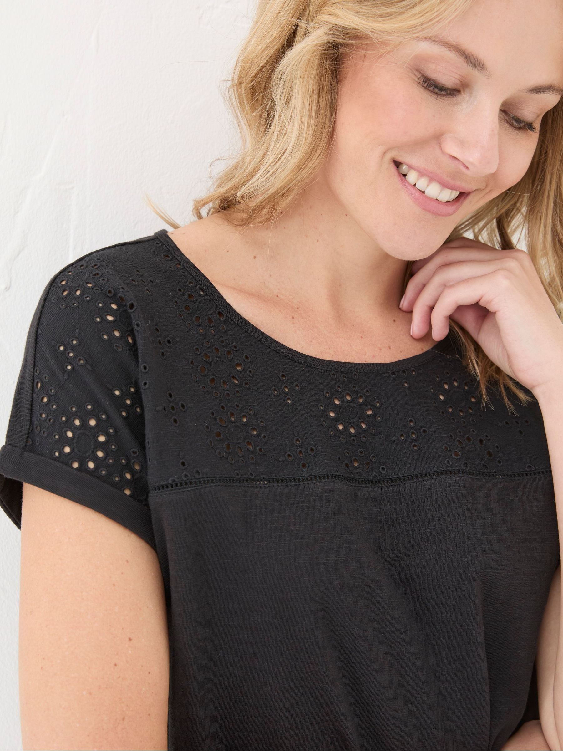 Fran Black Broderie Tie Front T-Shirt - Image 3 of 5