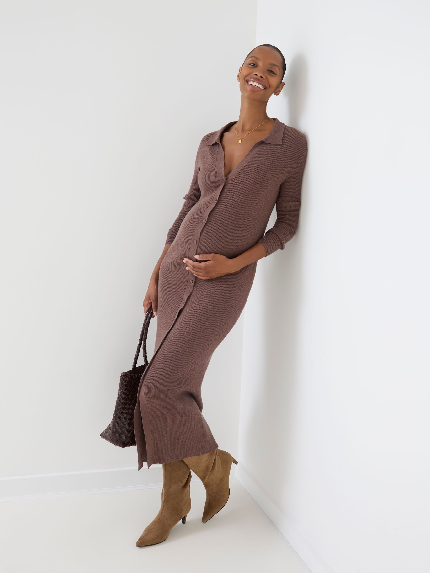 Brown Long Sleeve Ribbed Maternity Midi Dress - Image 3 of 4