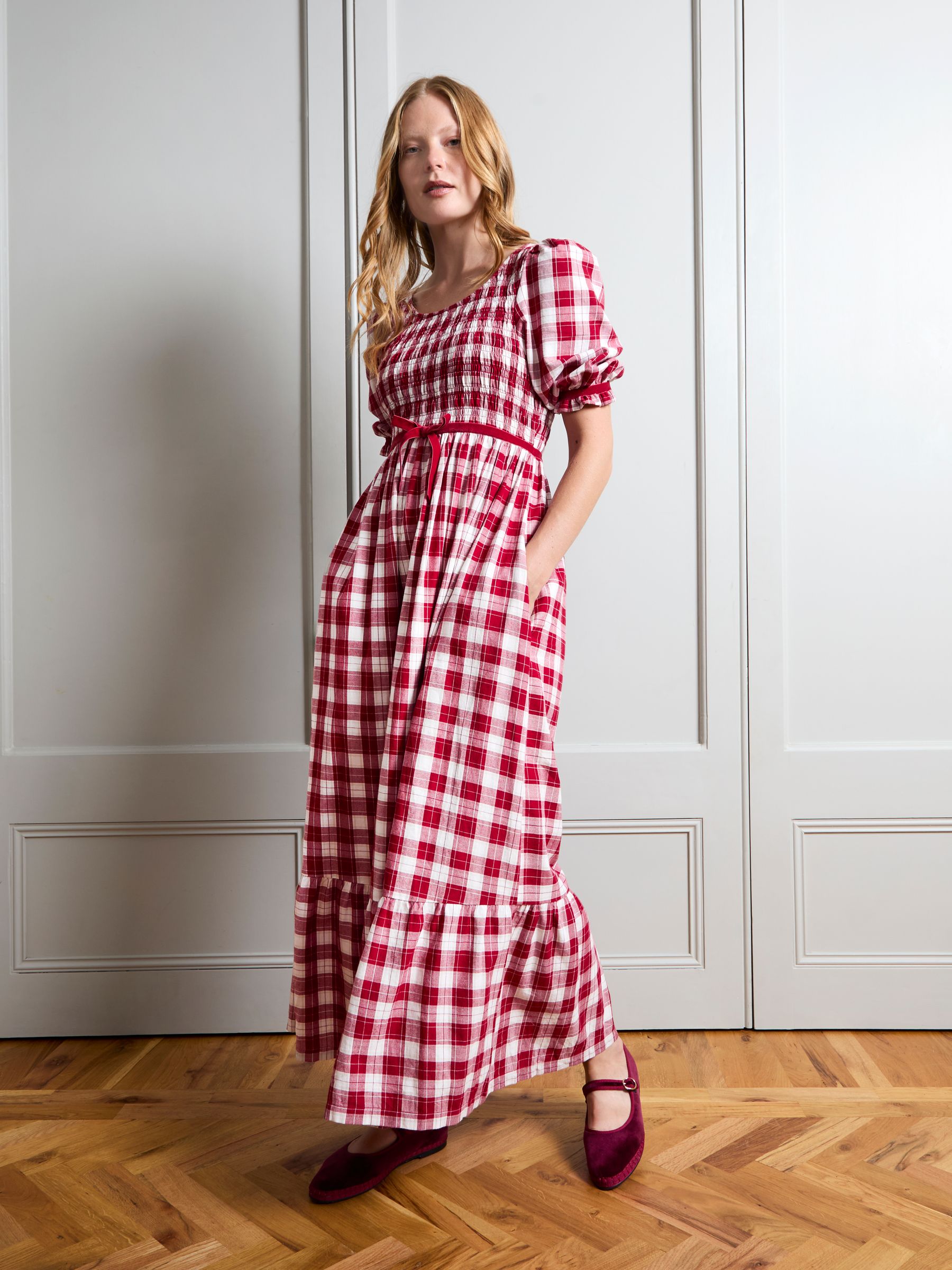 Red Check Puff Sleeve Shirred Midaxi Dress - Image 1 of 5