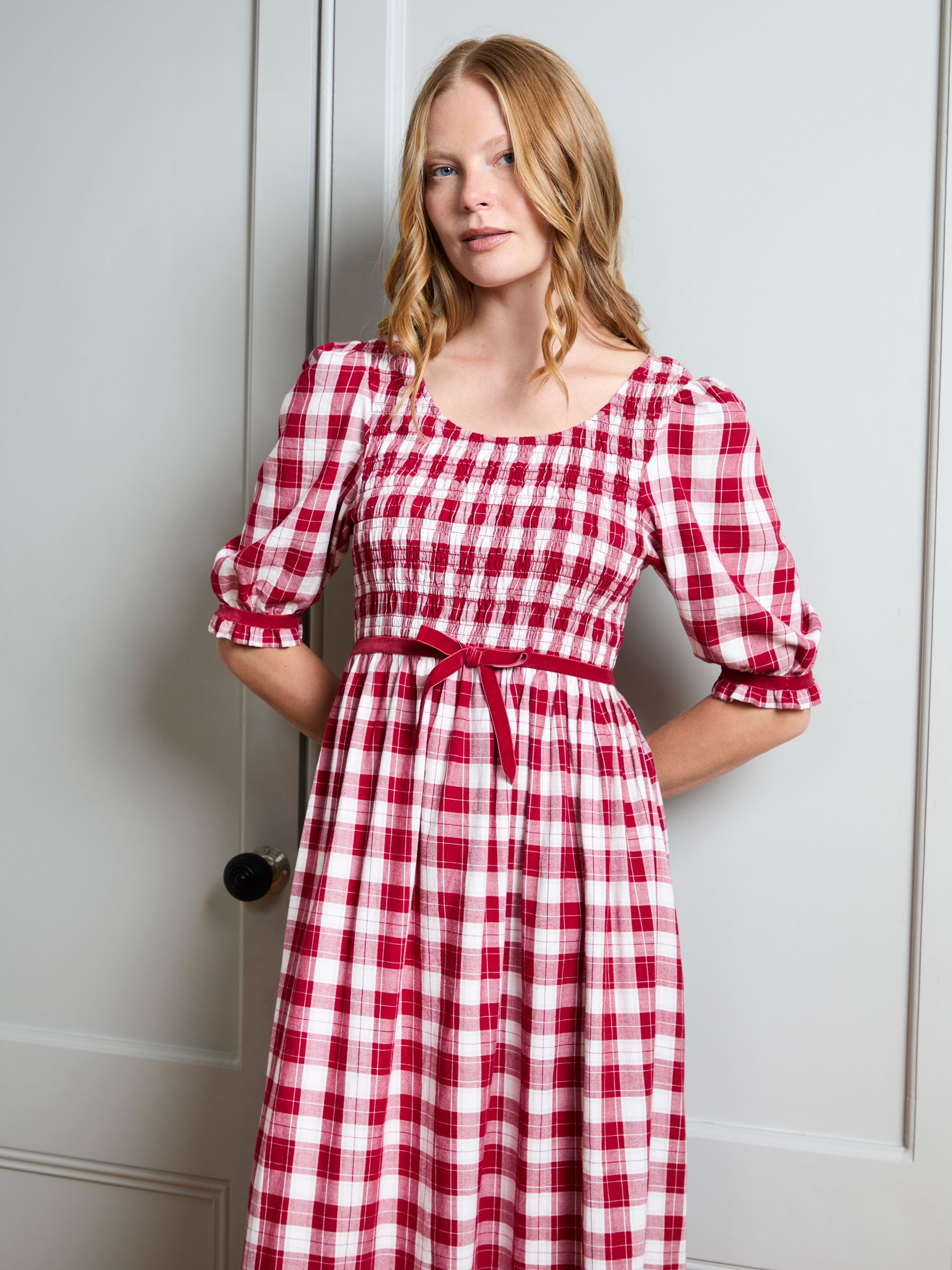 Red Check Puff Sleeve Shirred Midaxi Dress - Image 2 of 5