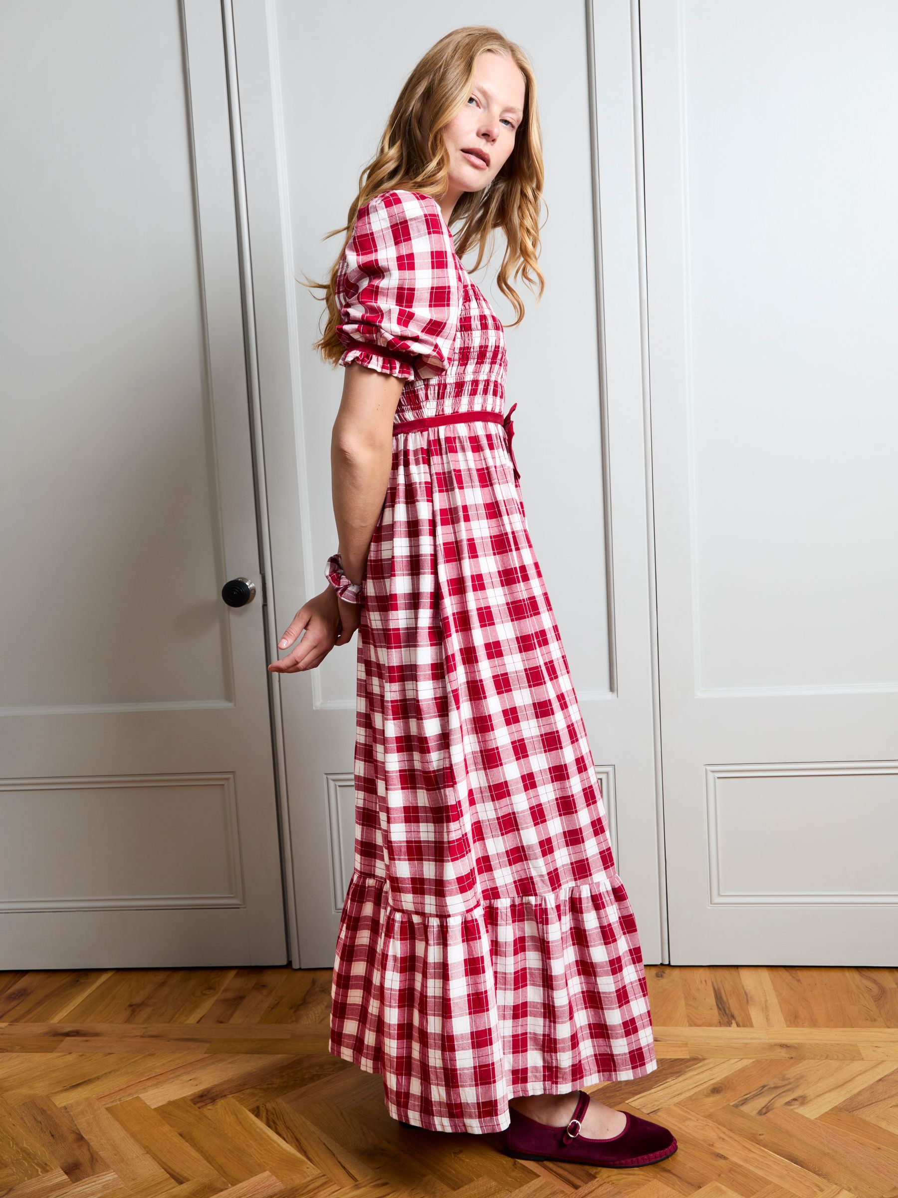 Red Check Puff Sleeve Shirred Midaxi Dress - Image 3 of 5