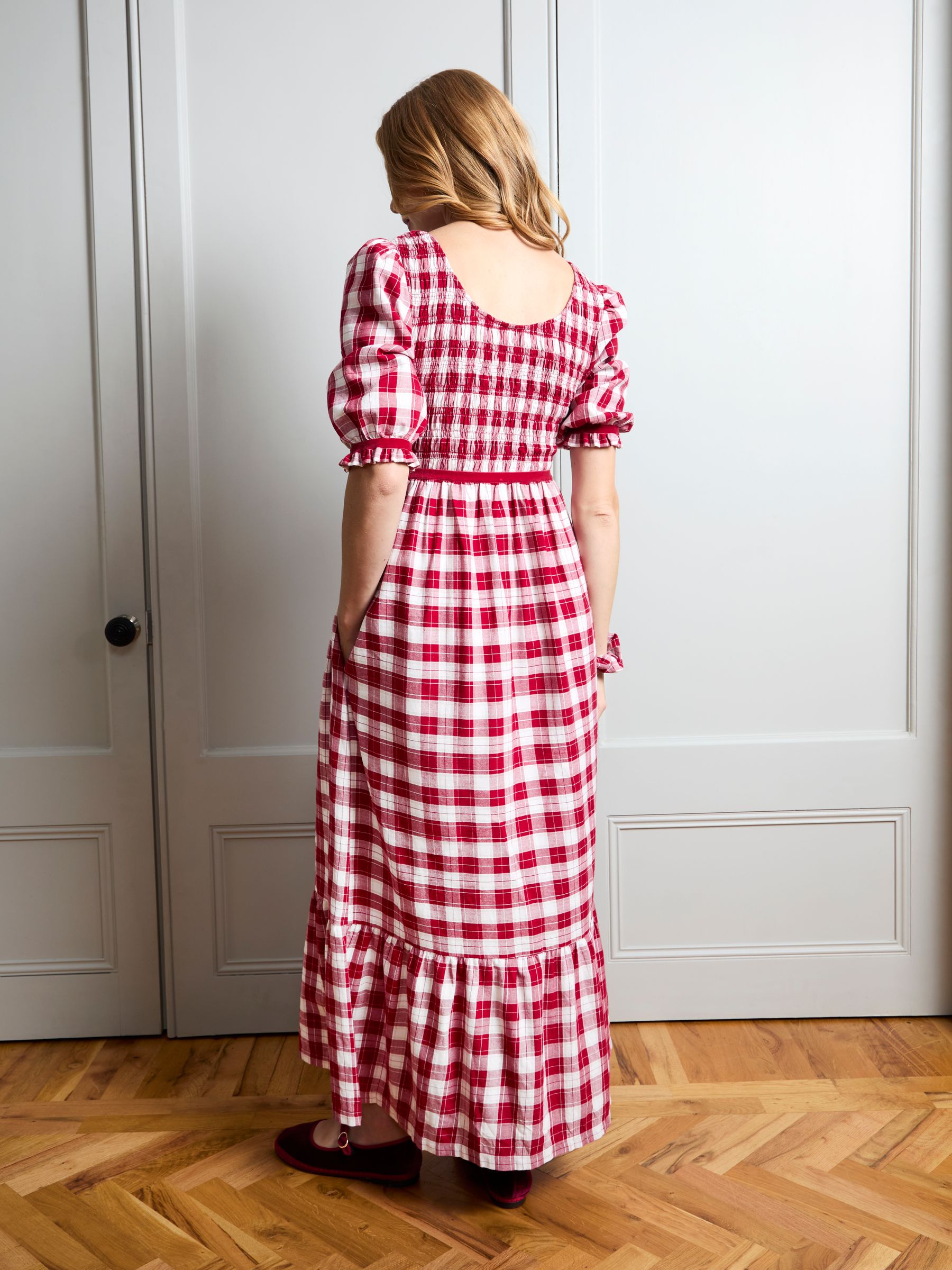 Red Check Puff Sleeve Shirred Midaxi Dress - Image 4 of 5