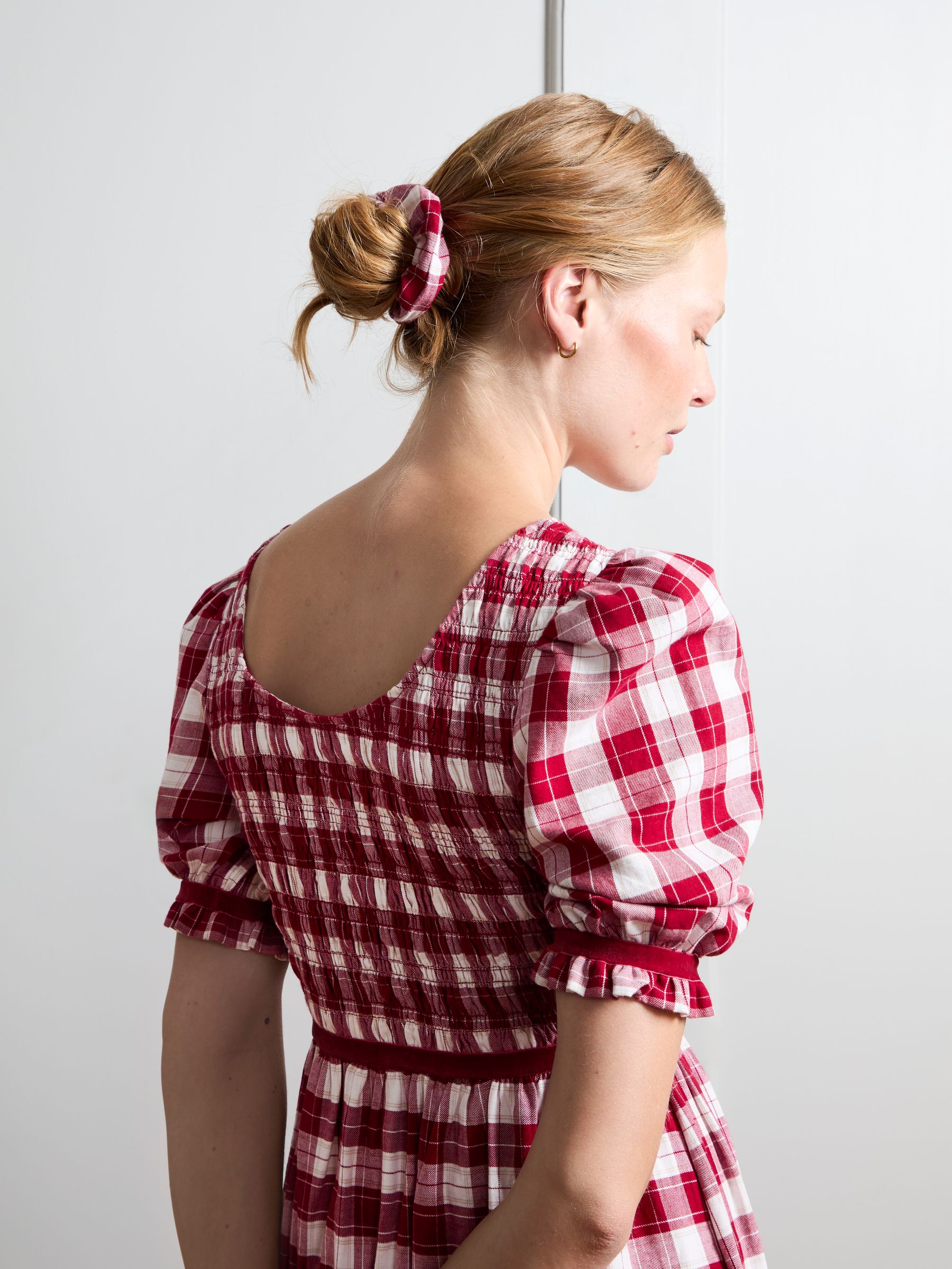 Red Check Puff Sleeve Shirred Midaxi Dress - Image 5 of 5 Red Check Puff Sleeve Shirred Midaxi Dress - Image 5 of 5