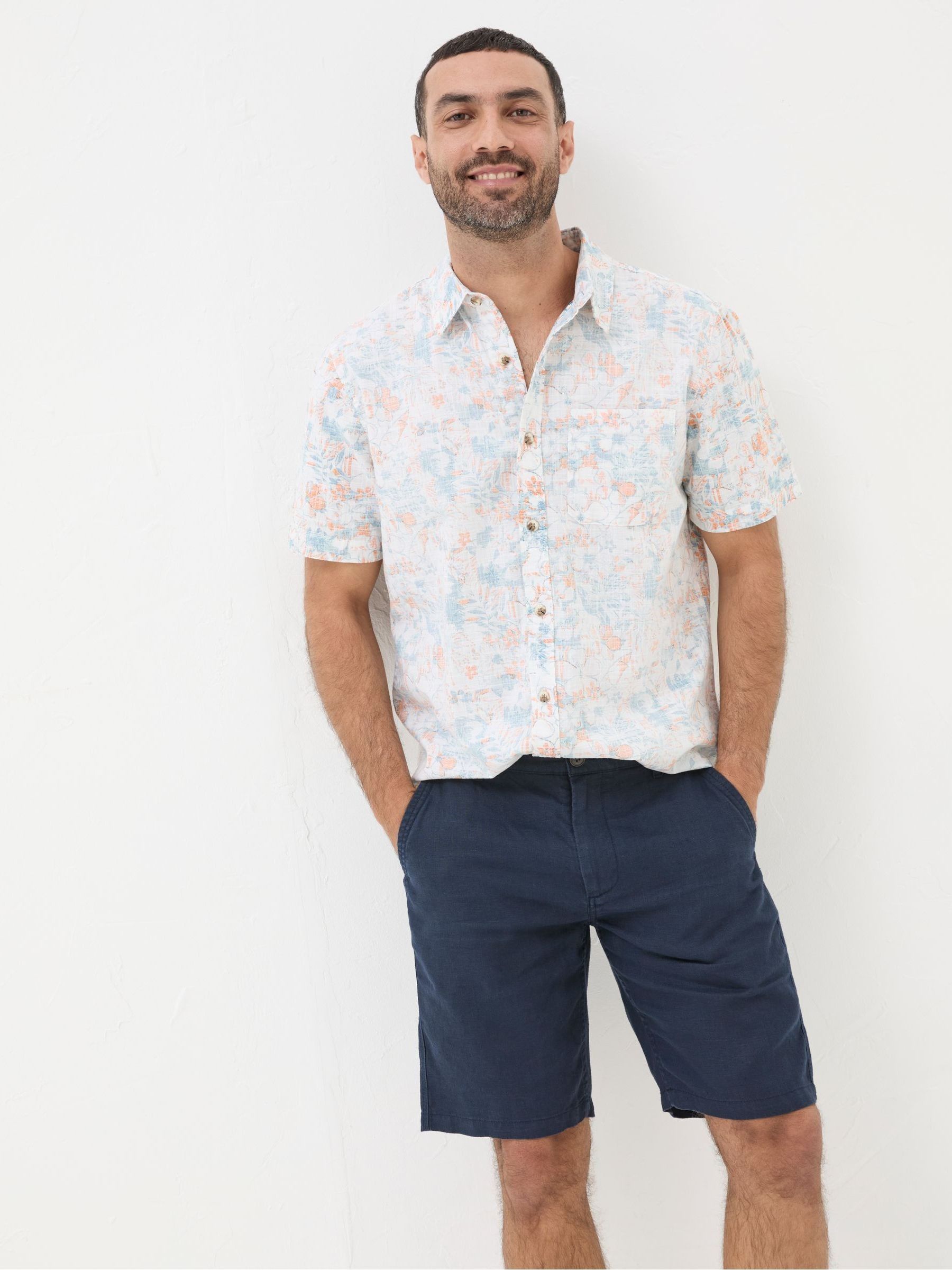Blue Linen Flat Front Chino Shorts - Image 1 of 5 Blue Linen Flat Front Chino Shorts - Image 1 of 5