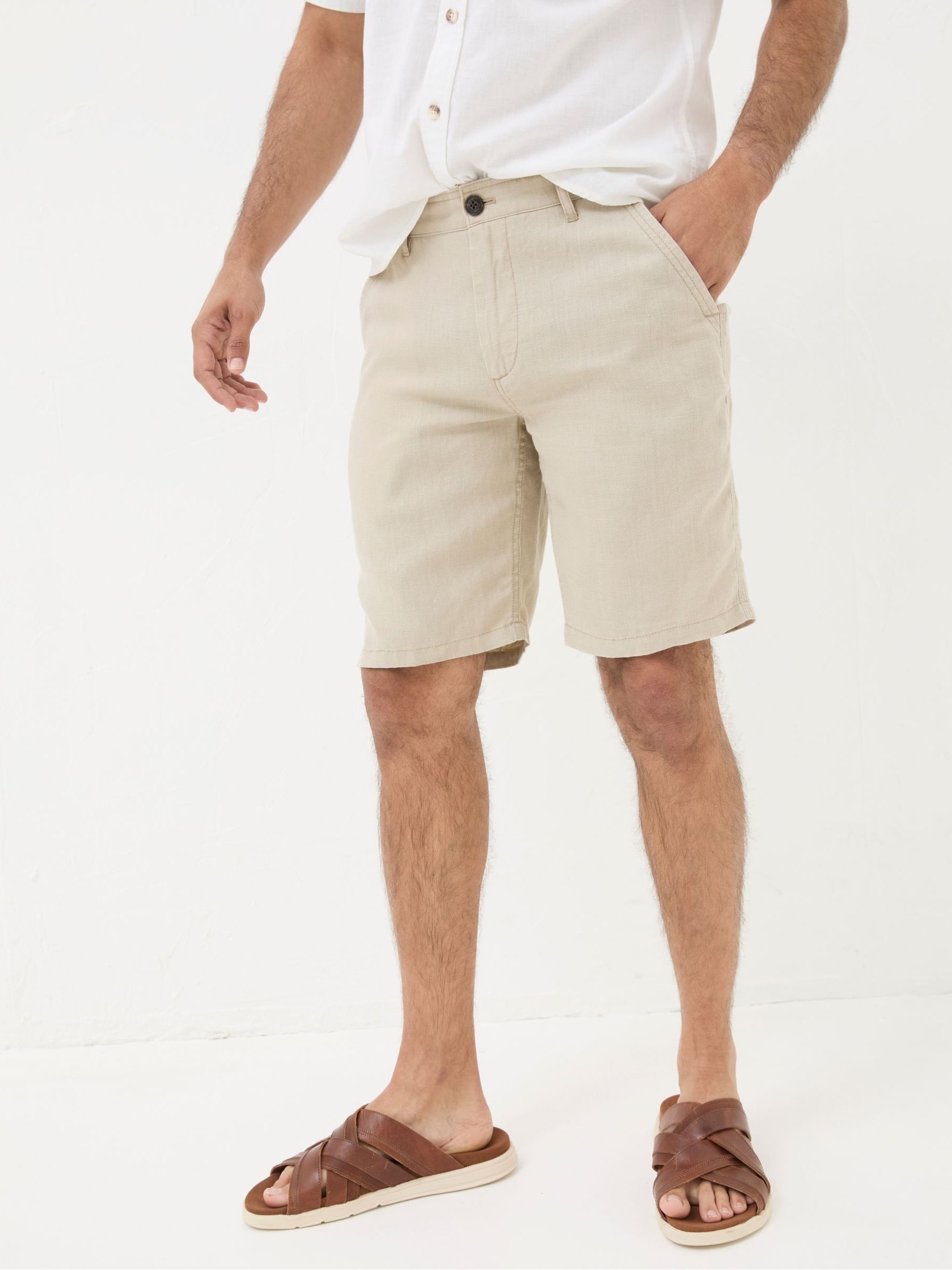 Stone Linen Flat Front Chino Shorts - Image 1 of 6 Stone Linen Flat Front Chino Shorts - Image 1 of 6