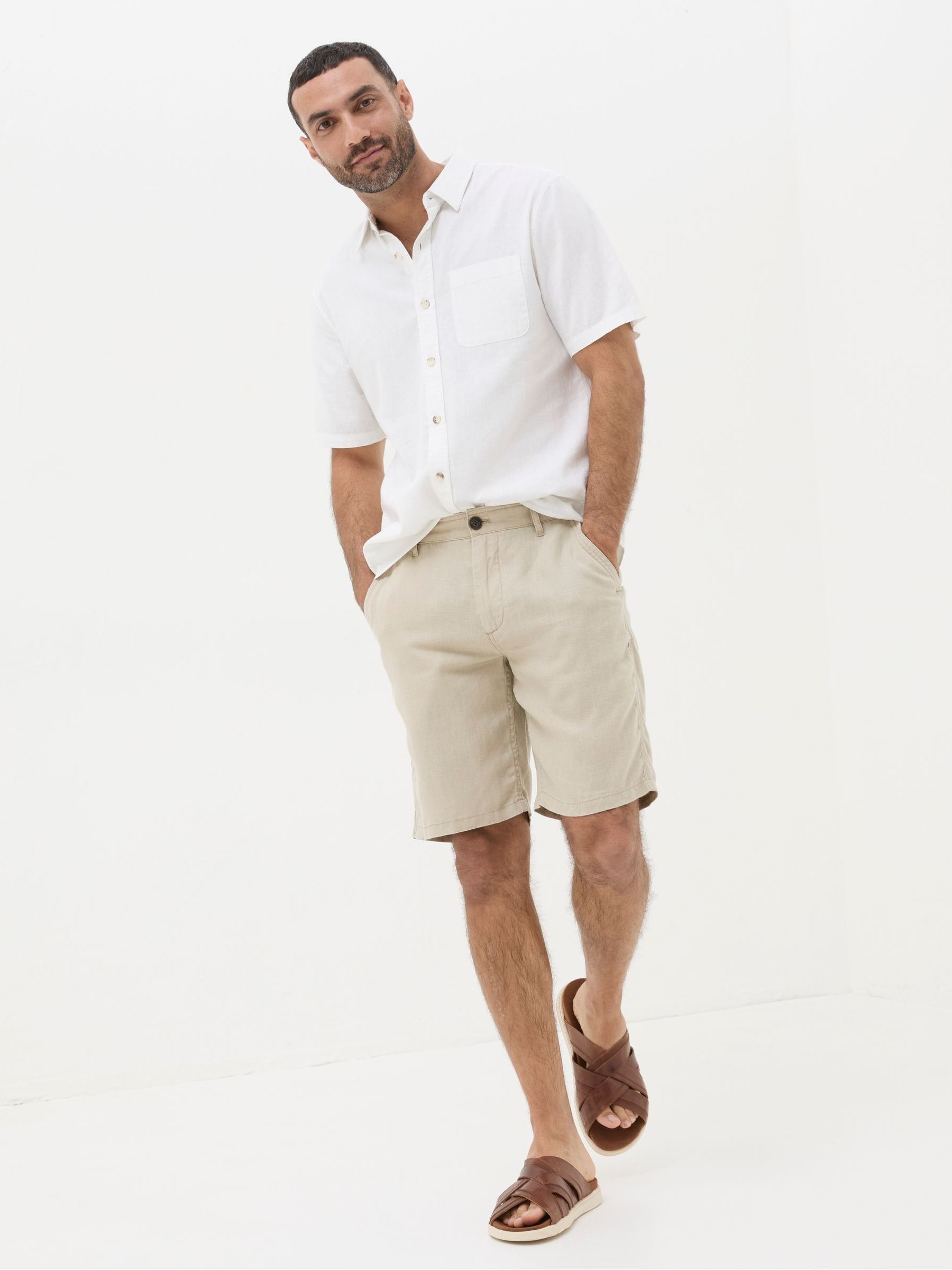Stone Linen Flat Front Chino Shorts - Image 3 of 6