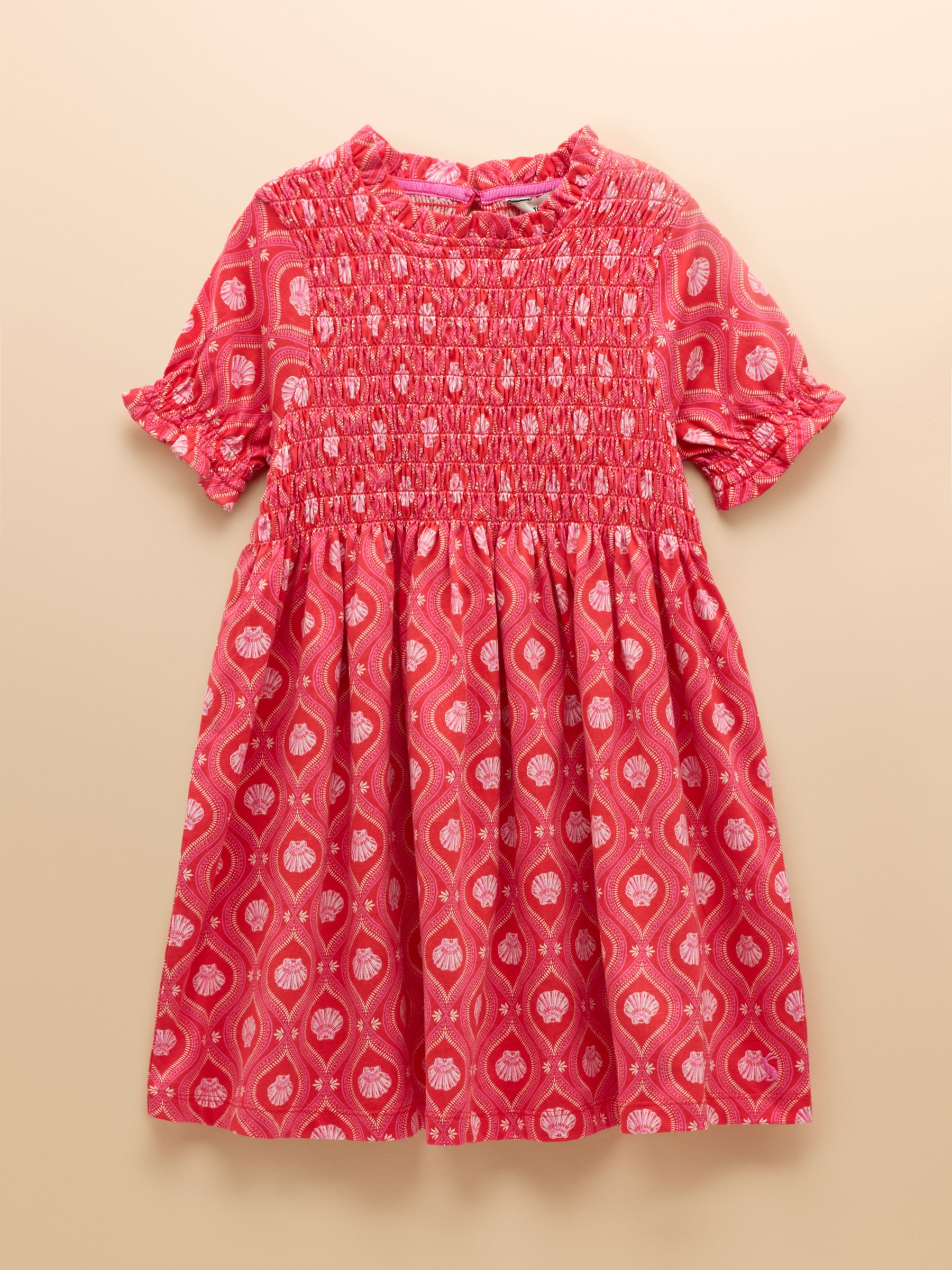 Gracie Pink Shell Print Short Sleeve Shirred Dress - Image 1 of 4