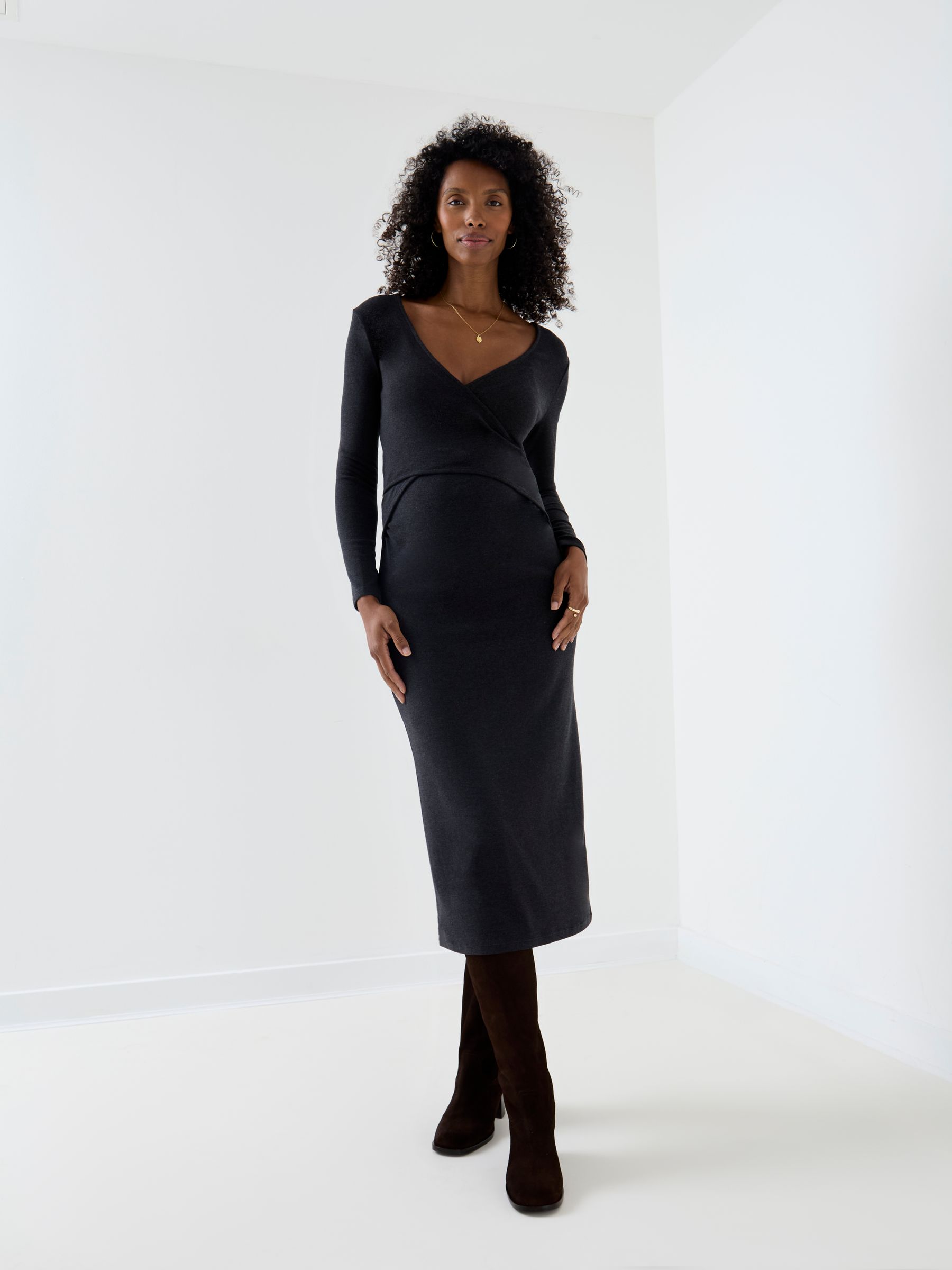 Charcoal Grey Ribbed Wrap Midi Maternity Dress - Image 2 of 6 Charcoal Grey Ribbed Wrap Midi Maternity Dress - Image 2 of 6