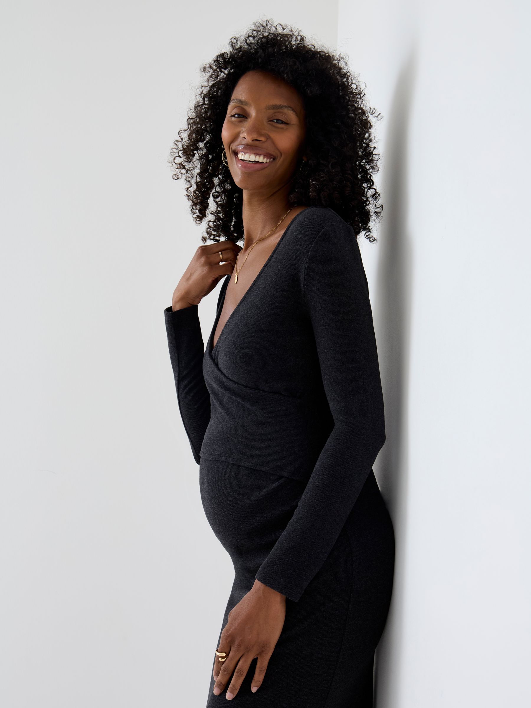 Charcoal Grey Ribbed Wrap Midi Maternity Dress - Image 5 of 6