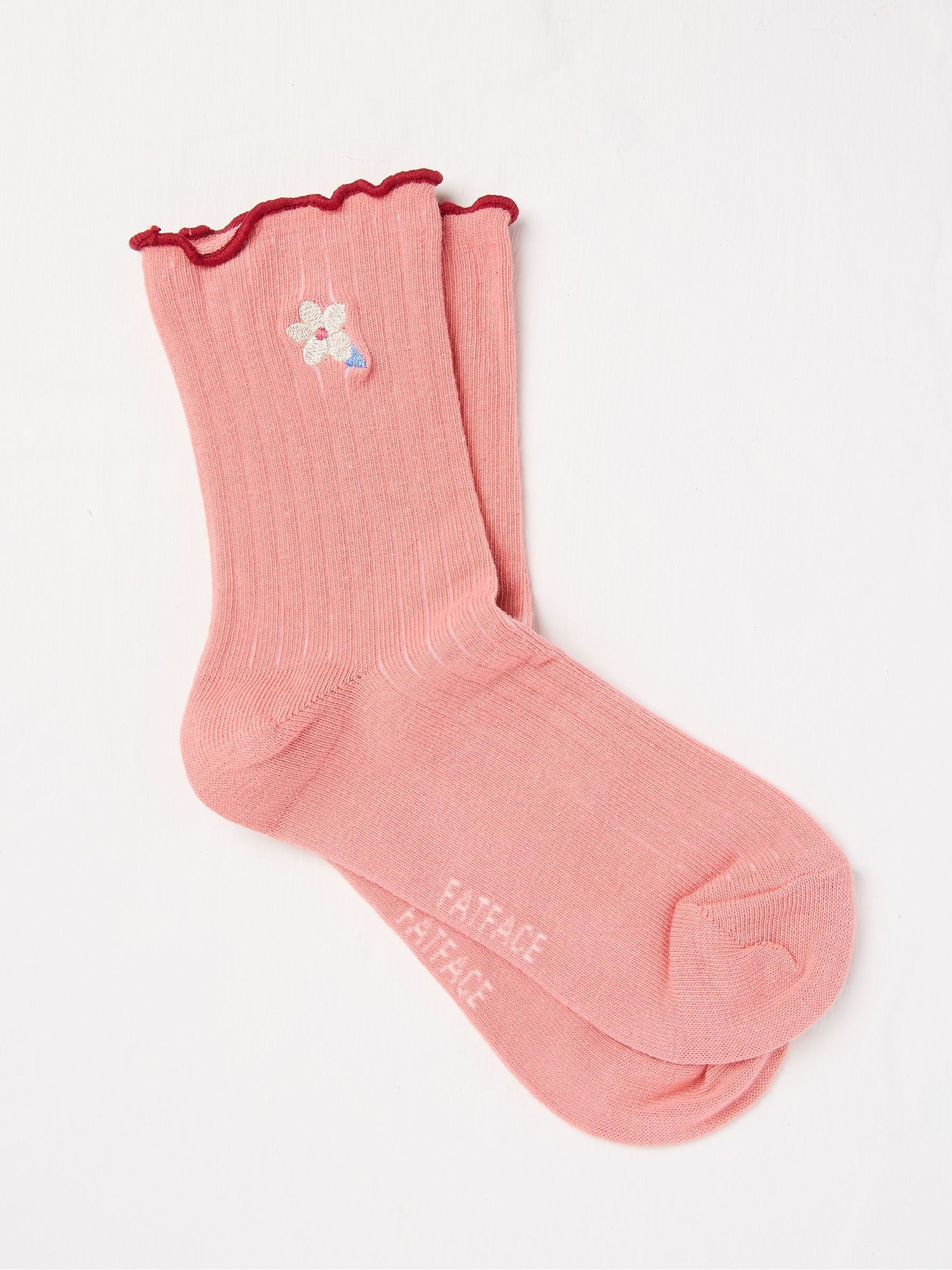 Coral Pink Flower Rib Socks 1 Pack - Image 1 of 1 Coral Pink Flower Rib Socks 1 Pack - Image 1 of 1