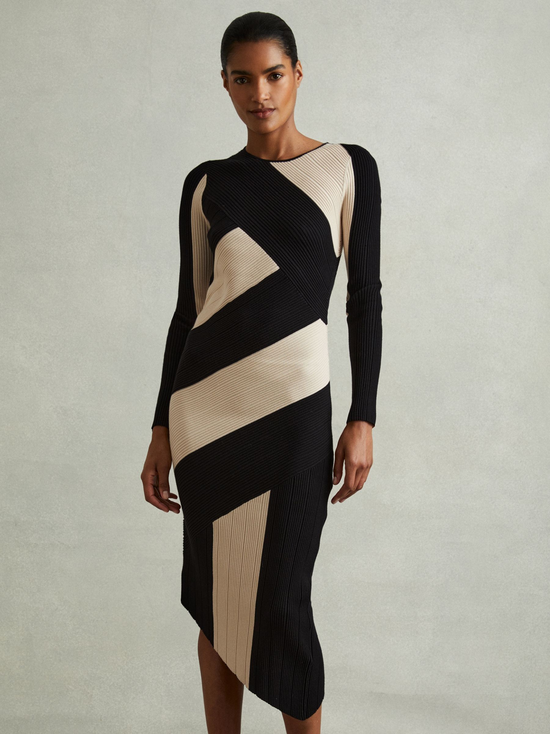 Petite Knitted Colourblock Asymmetric Midi Dress in Black/Camel - Image 1 of 7
