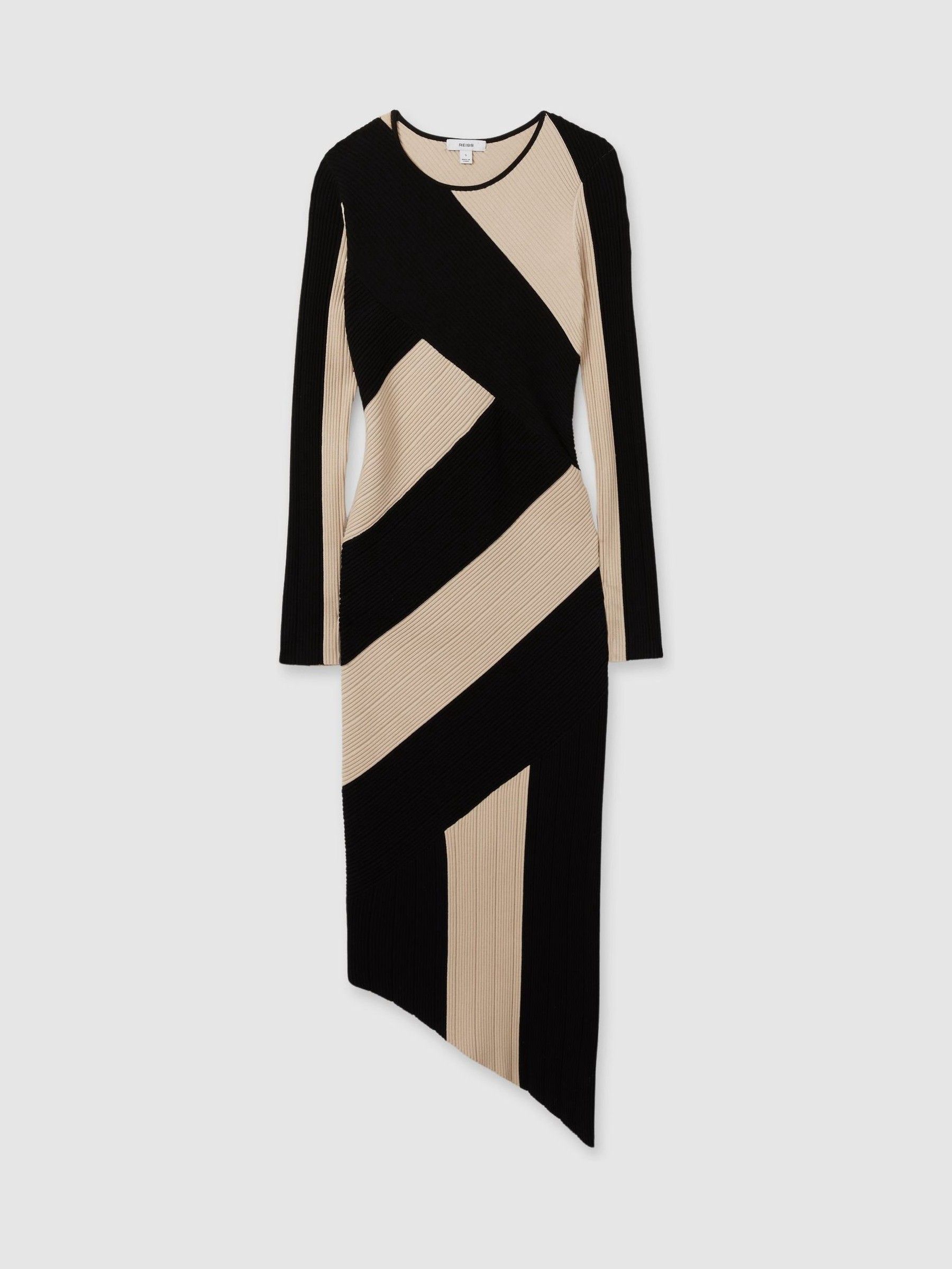 Petite Knitted Colourblock Asymmetric Midi Dress in Black/Camel - Image 2 of 7