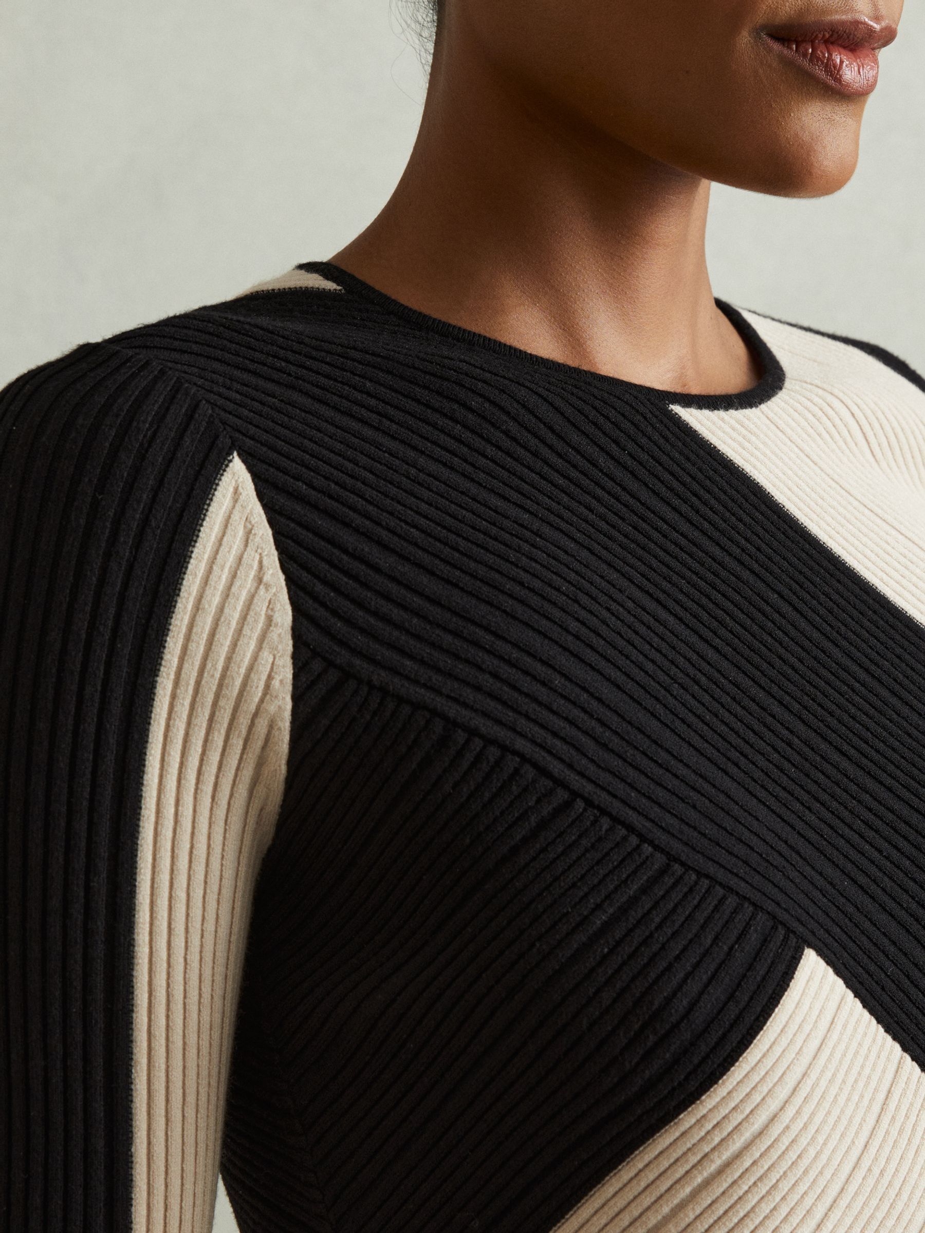 Petite Knitted Colourblock Asymmetric Midi Dress in Black/Camel - Image 3 of 7