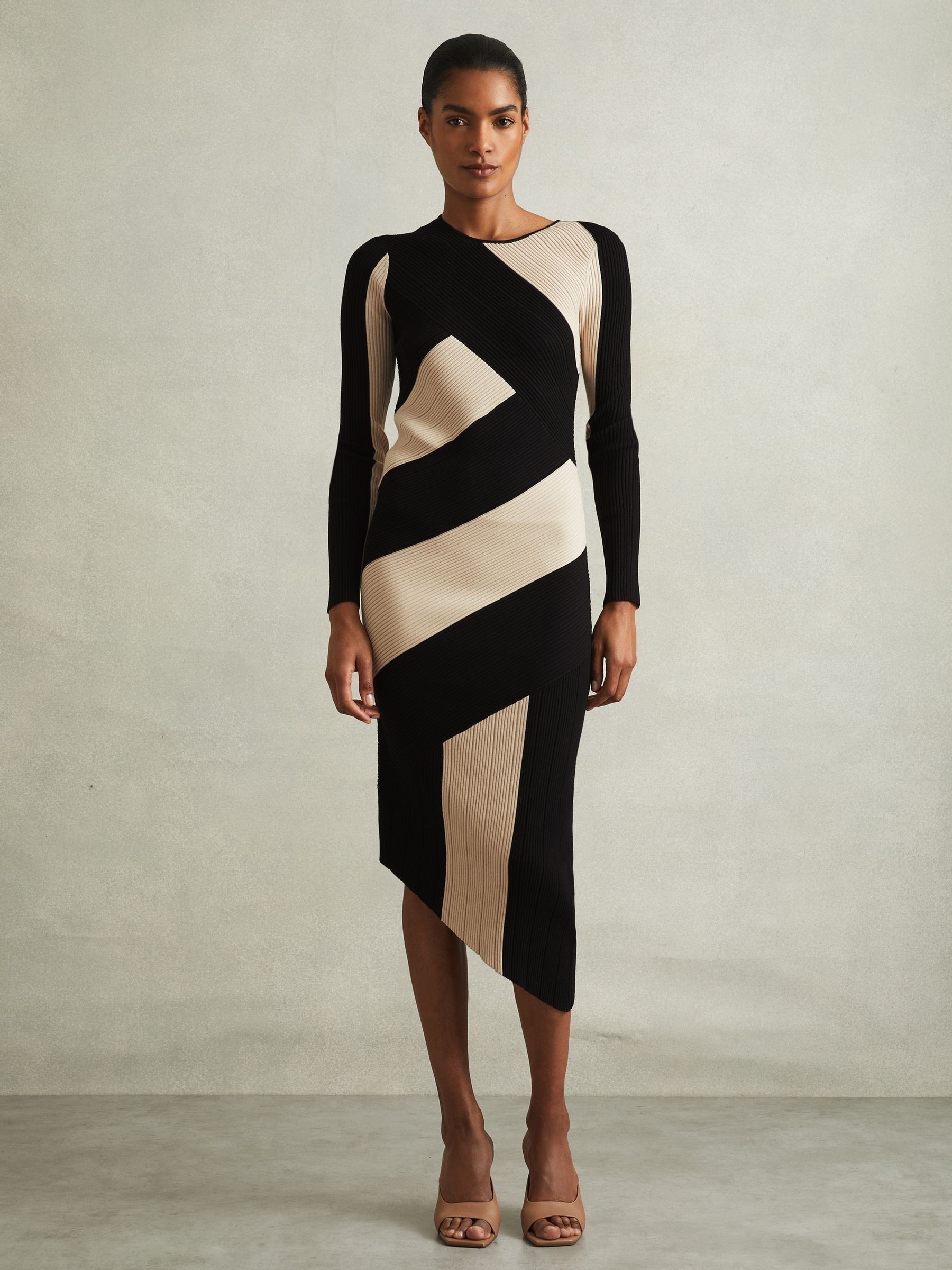 Petite Knitted Colourblock Asymmetric Midi Dress in Black/Camel - Image 4 of 7
