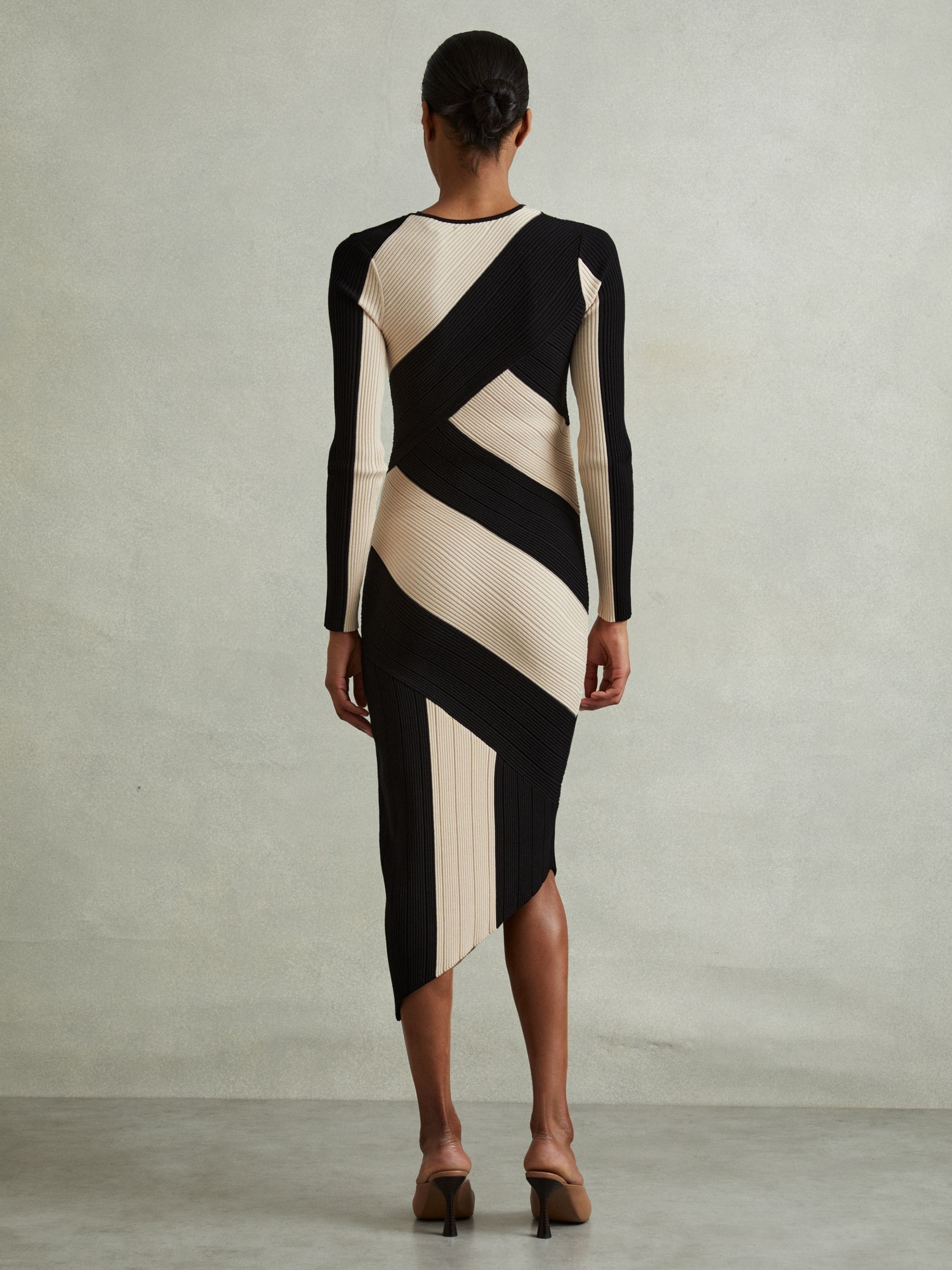 Petite Knitted Colourblock Asymmetric Midi Dress in Black/Camel - Image 5 of 7