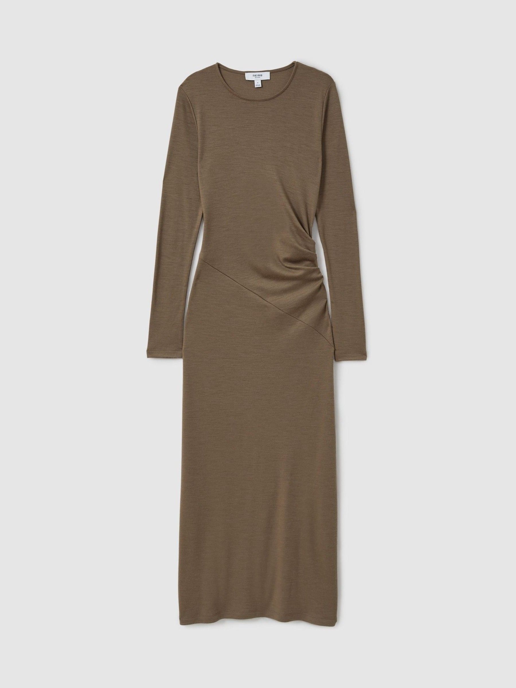 Petite Wool Ruche Detail Midi Dress in Camel - Image 2 of 7