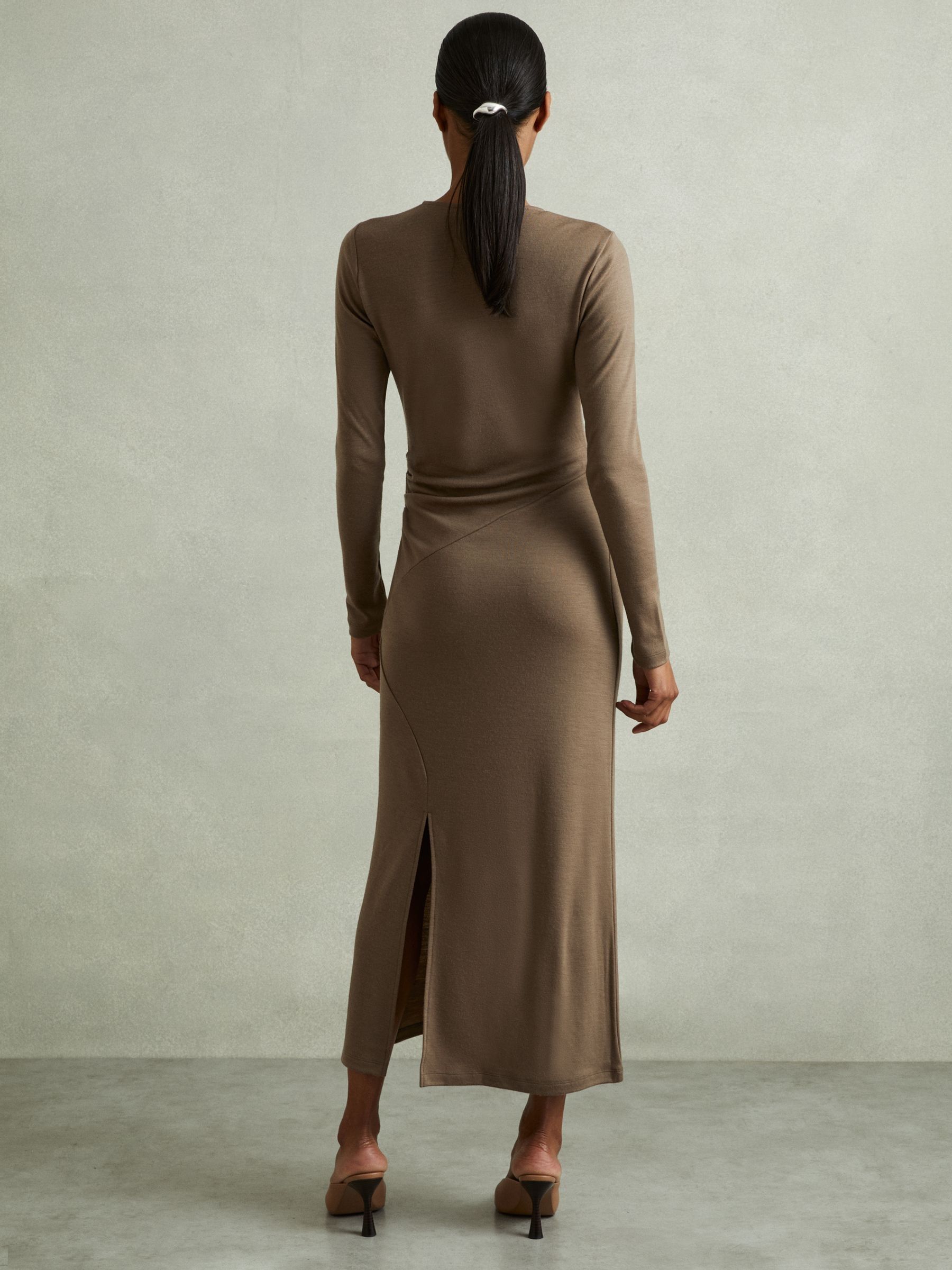 Petite Wool Ruche Detail Midi Dress in Camel - Image 5 of 7