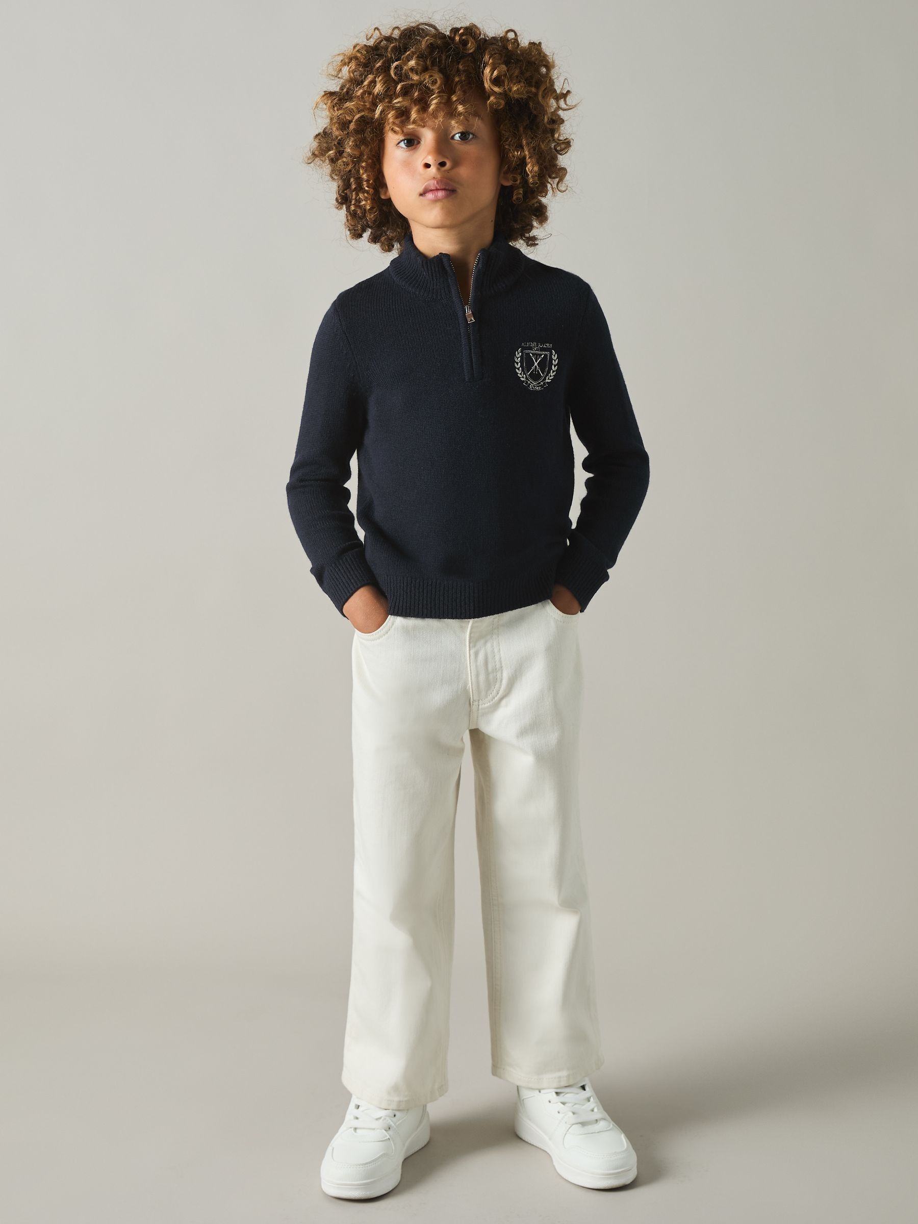9-13 yrs Embroidered Quarter Zip Jumper with Cashmere Wool and Cotton in Navy - Image 1 of 4