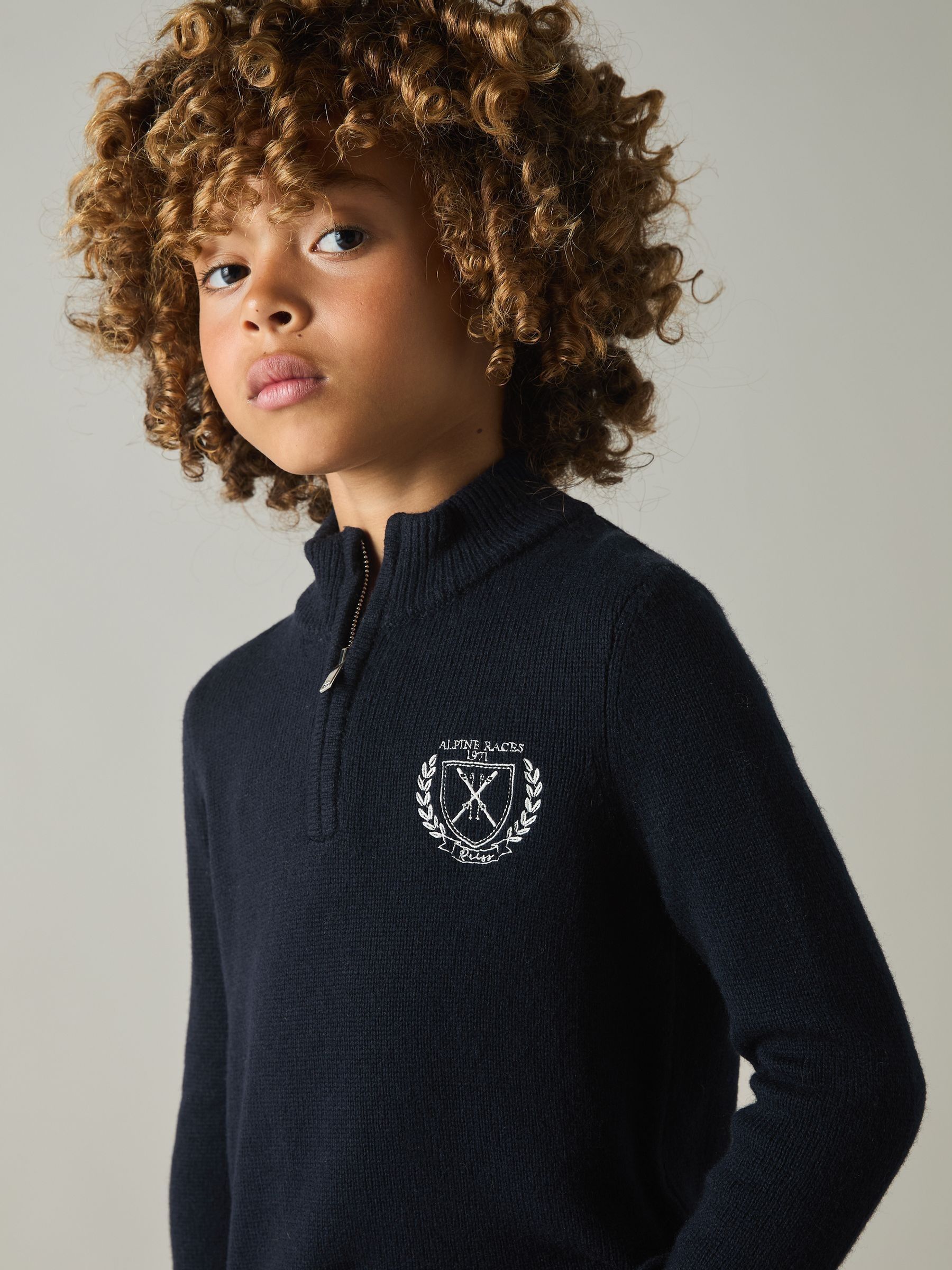 9-13 yrs Embroidered Quarter Zip Jumper with Cashmere Wool and Cotton in Navy - Image 3 of 4