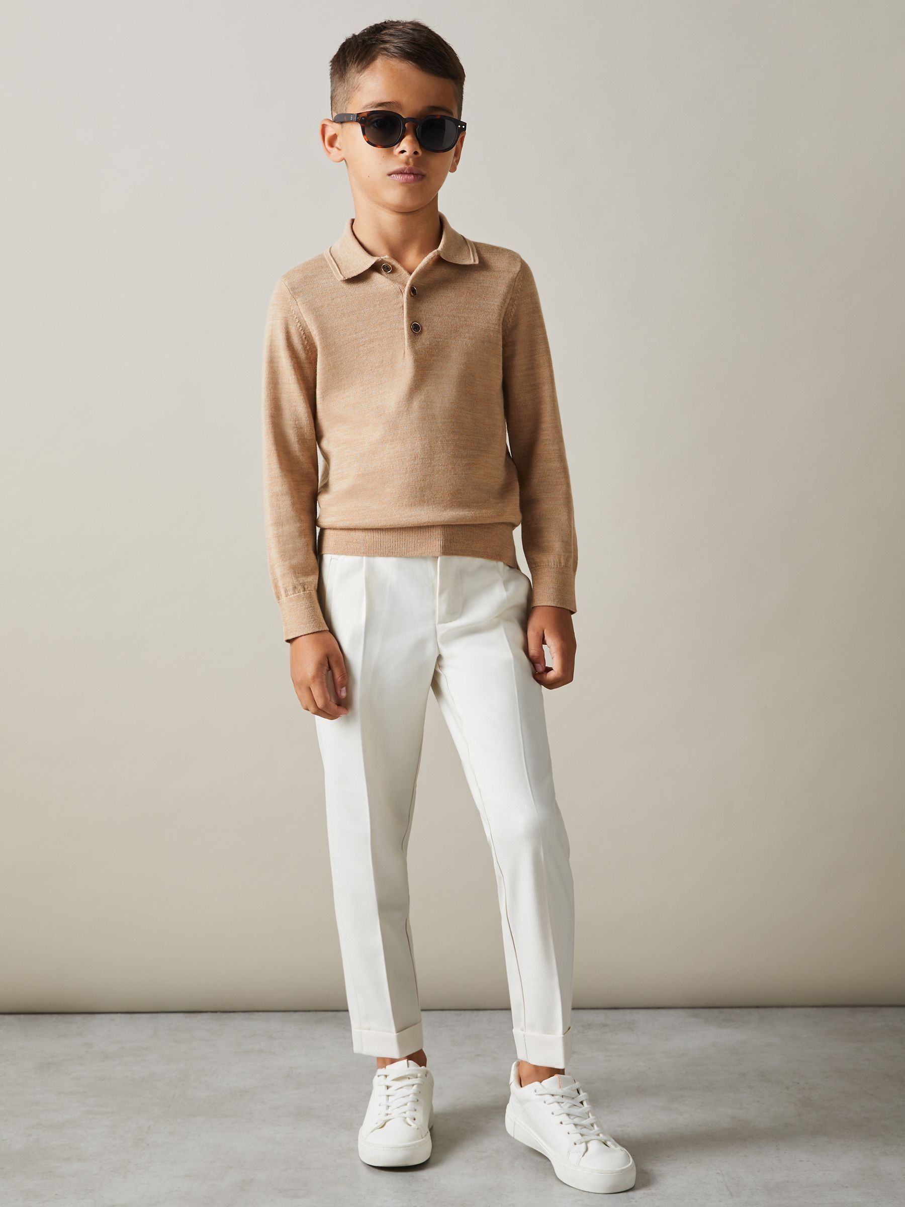 3-9 yrs Merino Wool Polo Shirt in Camel Melange - Image 1 of 4