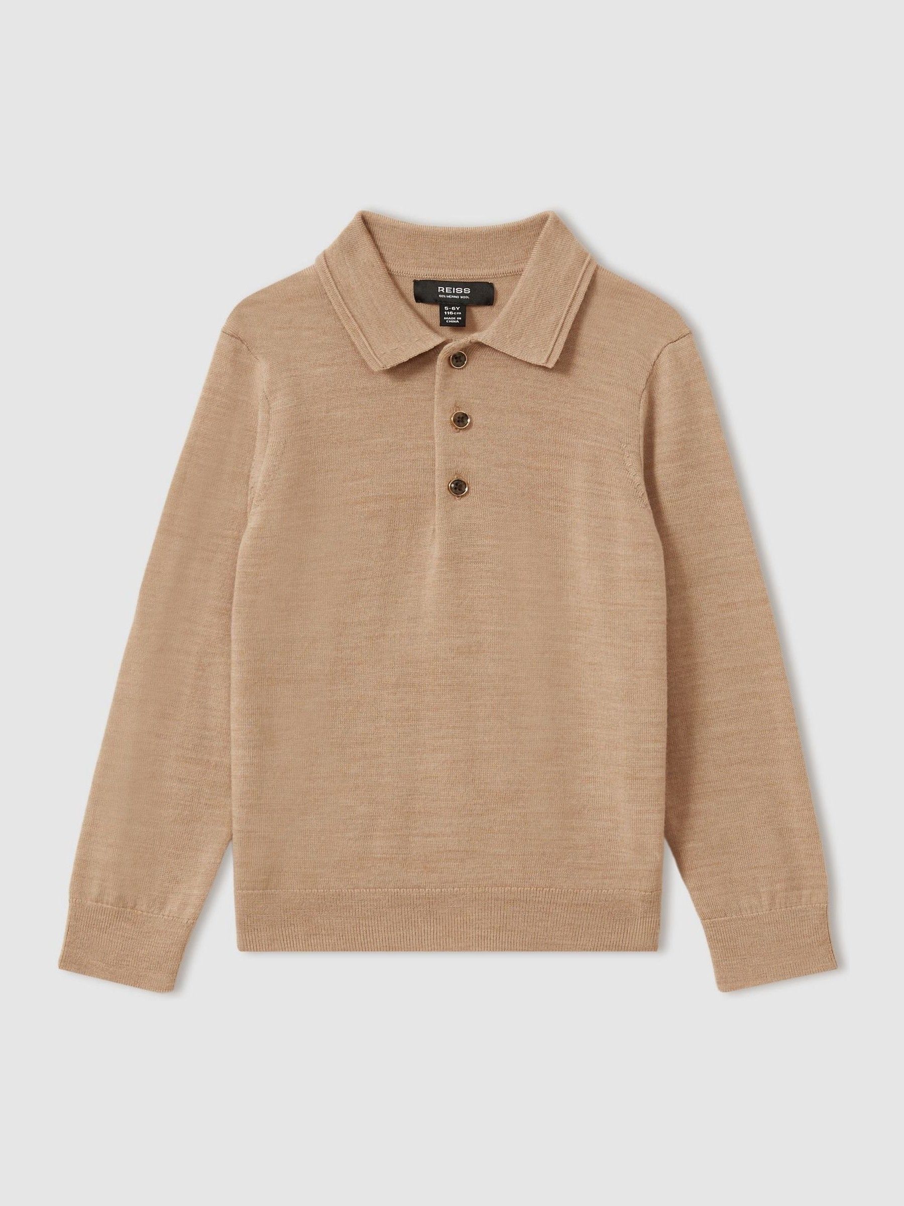 3-9 yrs Merino Wool Polo Shirt in Camel Melange - Image 2 of 4