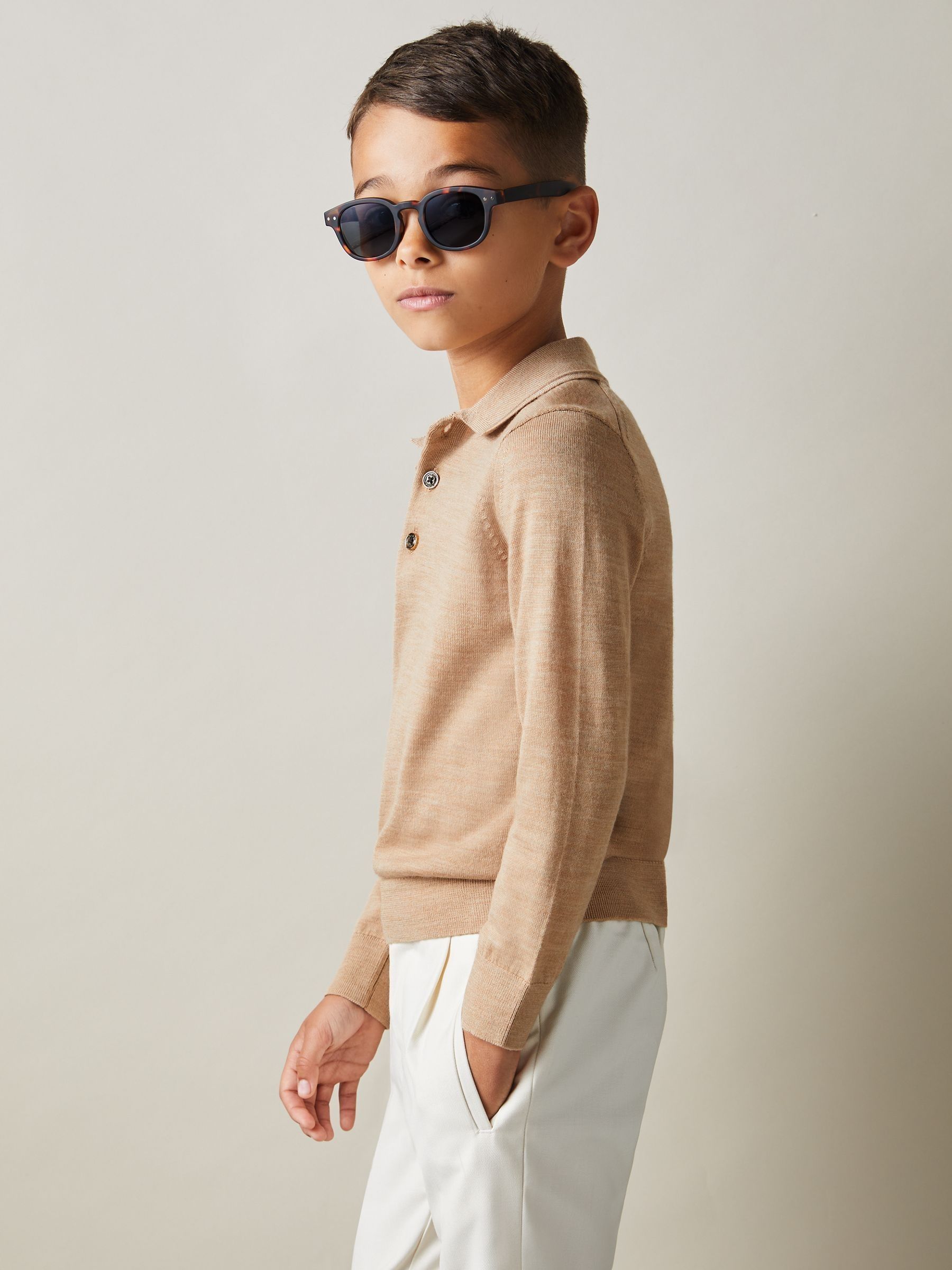 3-9 yrs Merino Wool Polo Shirt in Camel Melange - Image 3 of 4