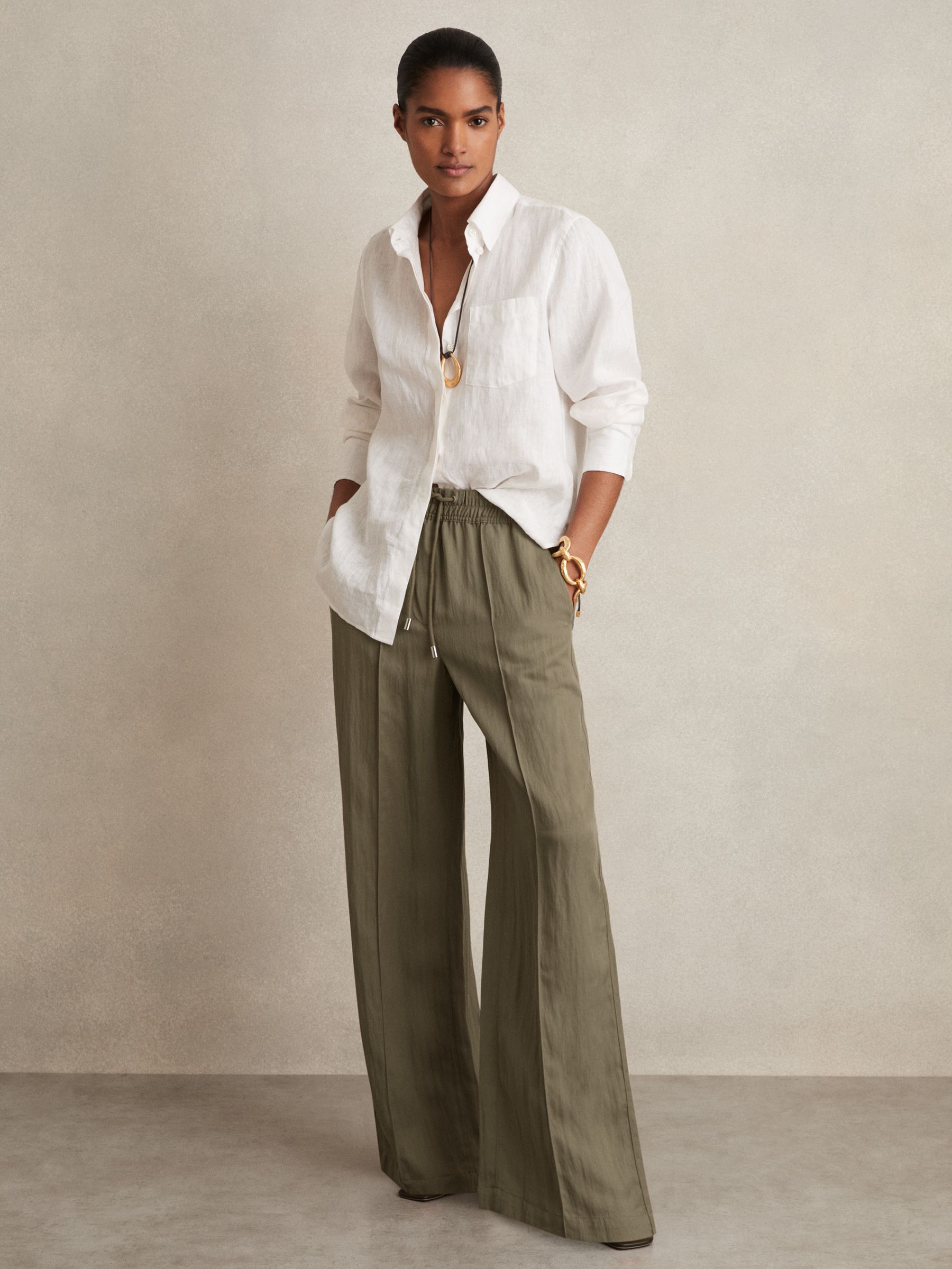 Lyocell-Blend Drawstring Trousers in Khaki - Image 1 of 6