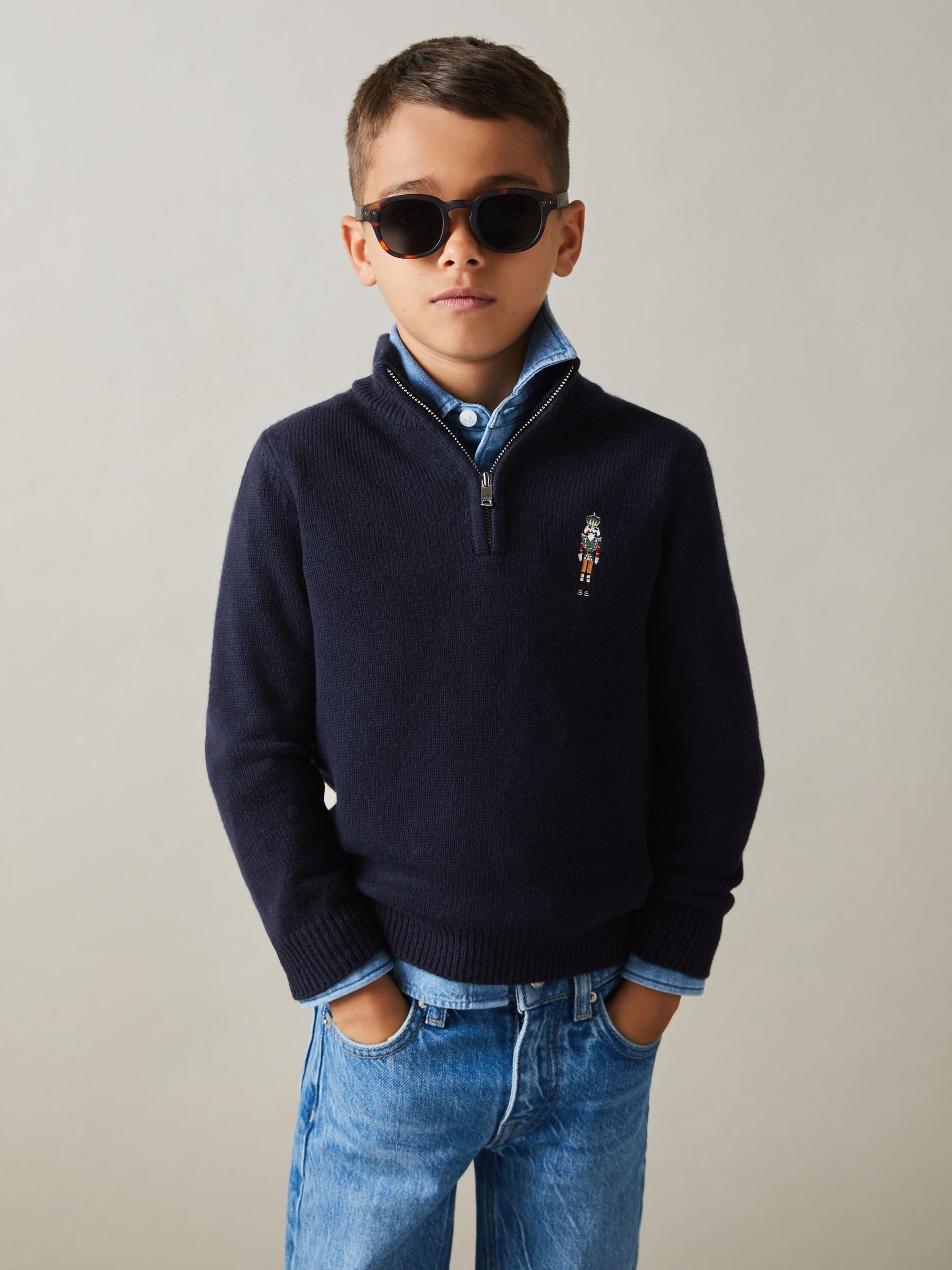 3-9 yrs Half-Zip Funnel Neck Jumper in Navy - Image 3 of 4