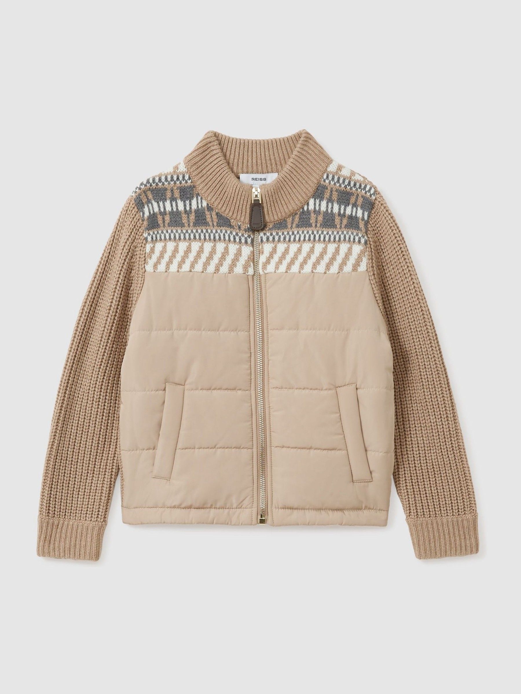 9-13 yrs Hybrid Knit and Quilt Funnel Neck Jacket in Oatmeal Melange - Image 2 of 4