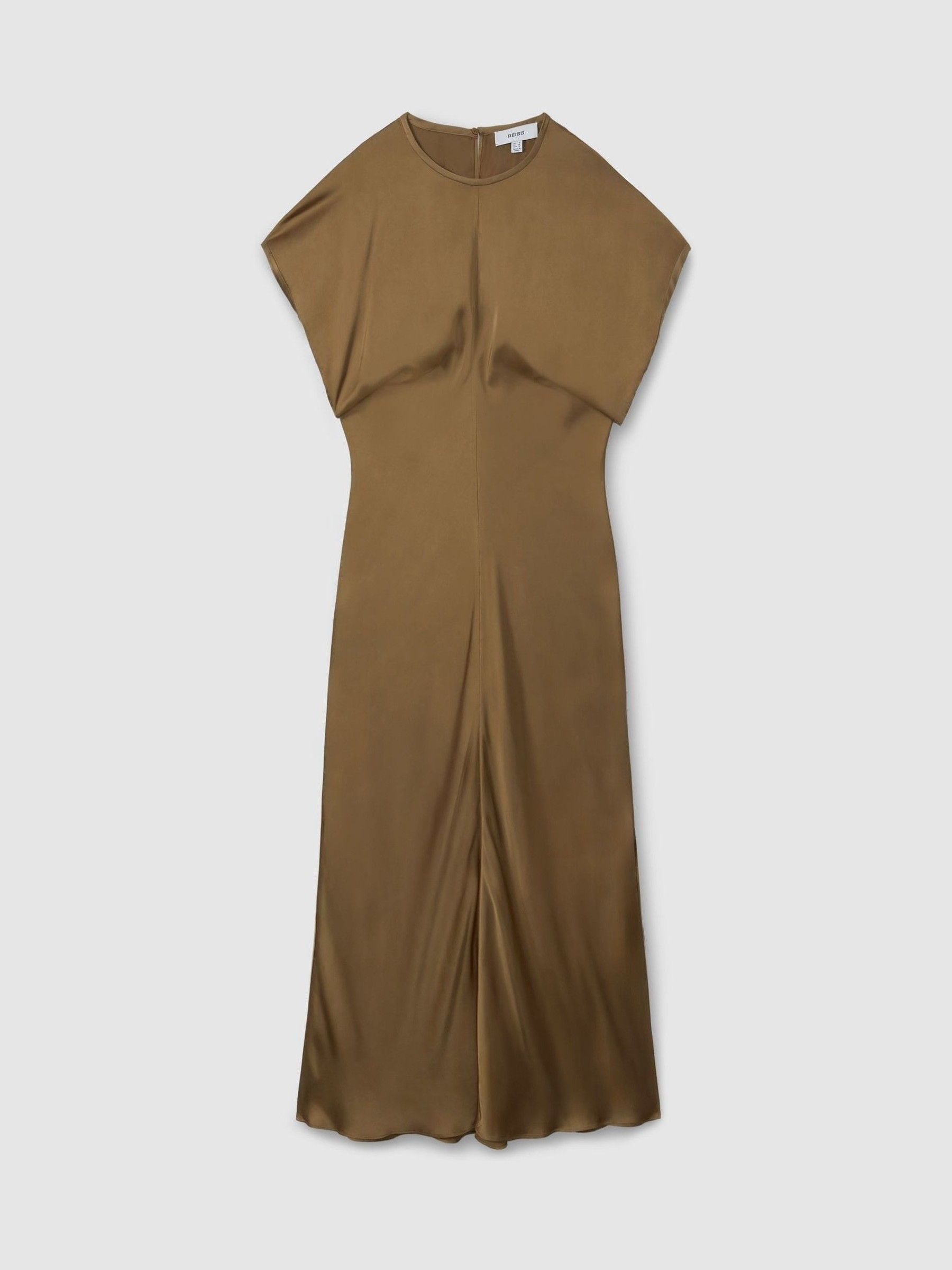 Satin Short-Sleeve Midi Dress in Khaki - Image 2 of 6