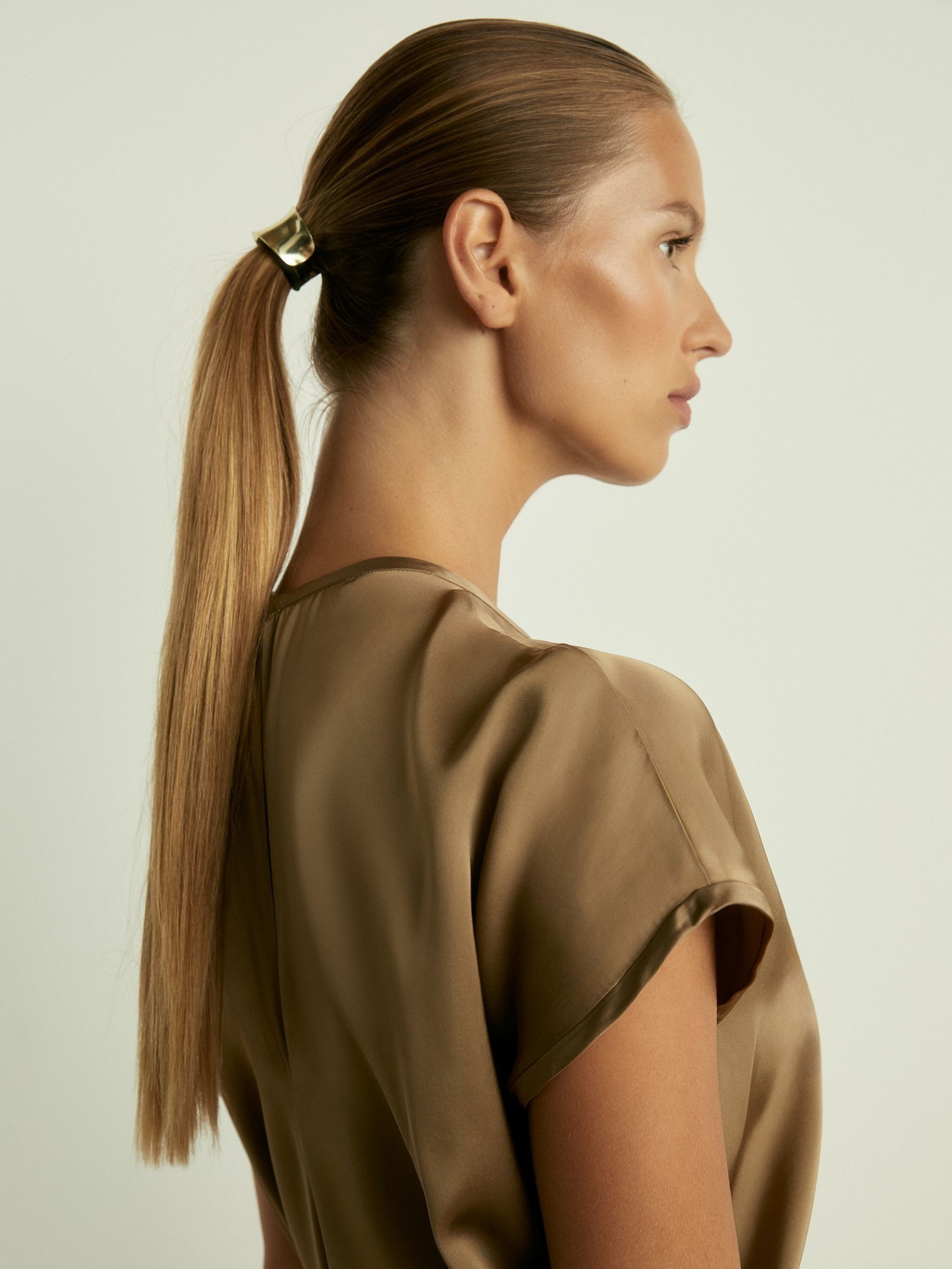 Satin Short-Sleeve Midi Dress in Khaki - image 4