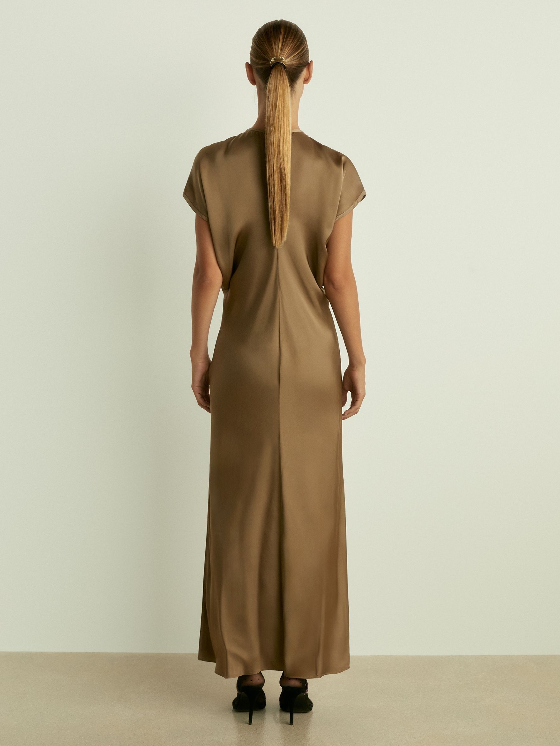 Satin Short-Sleeve Midi Dress in Khaki - Image 5 of 6