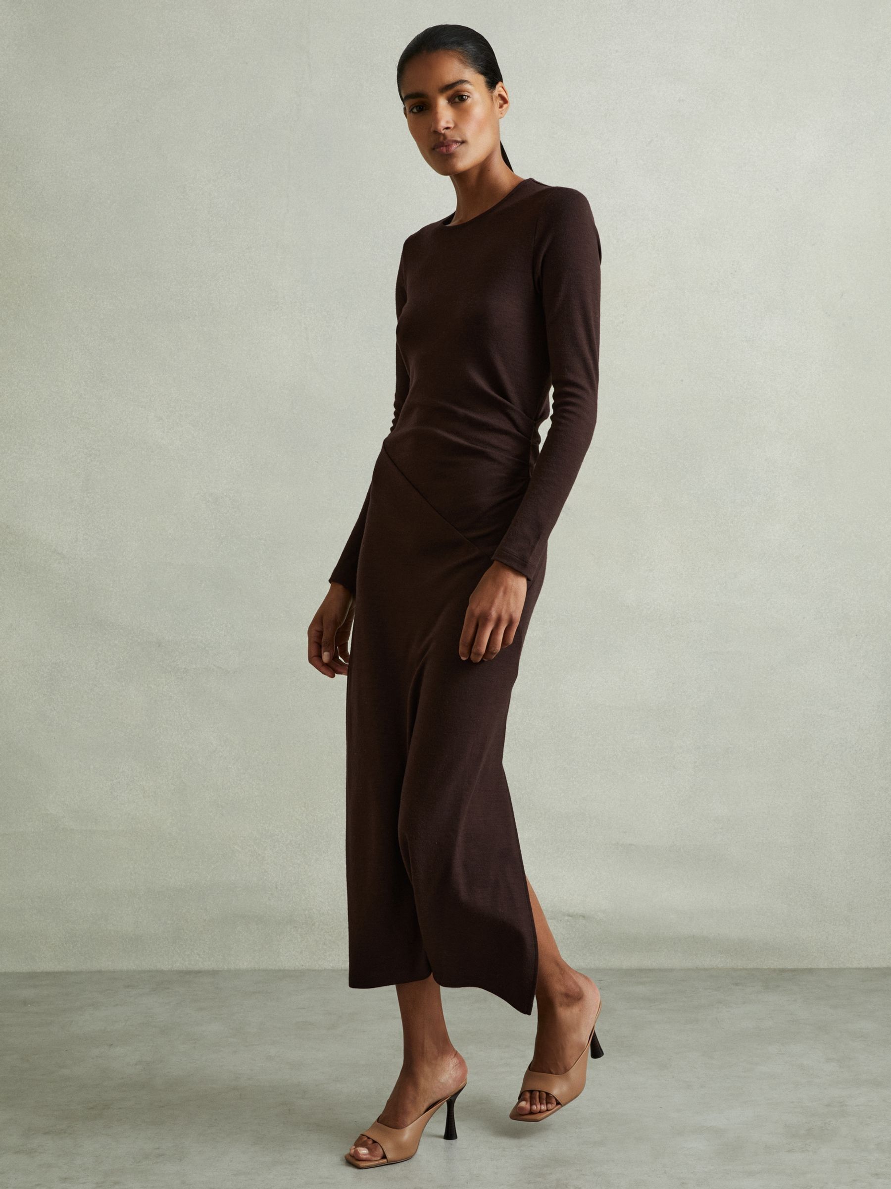 Petite Wool Ruche Detail Midi Dress in Berry - Image 1 of 7