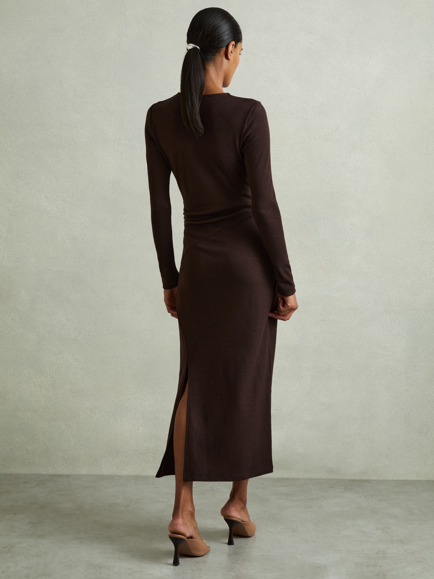 Petite Wool Ruche Detail Midi Dress in Berry - Image 4 of 7