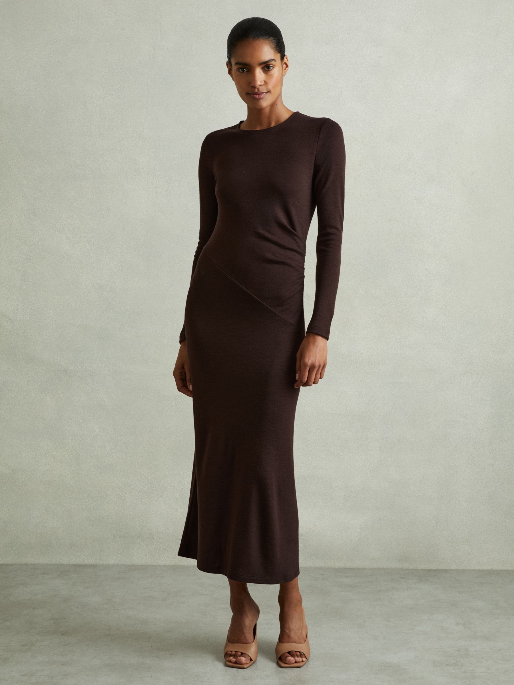 Petite Wool Ruche Detail Midi Dress in Berry - Image 5 of 7
