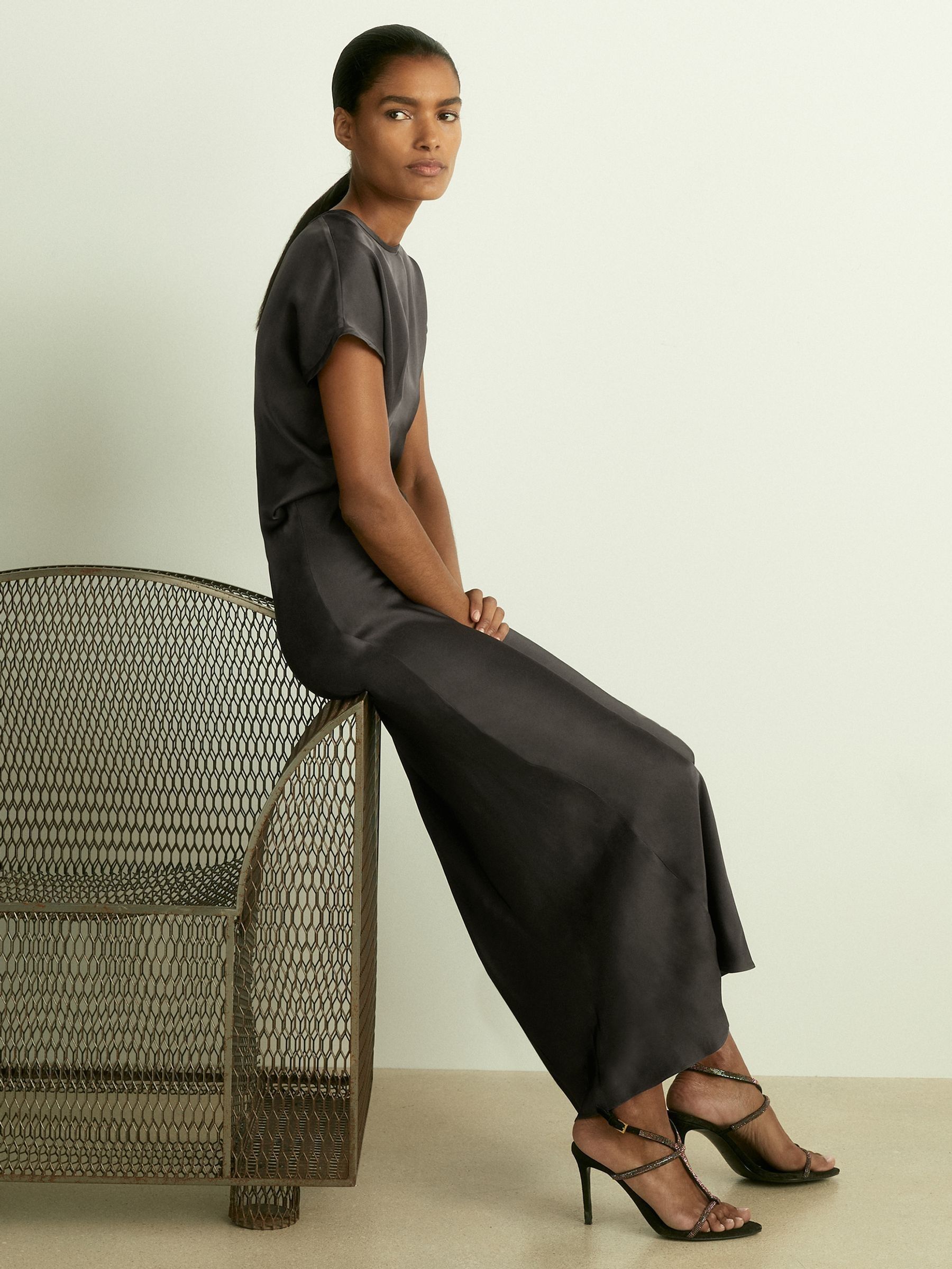 Satin Short-Sleeve Midi Dress in Charcoal - Image 1 of 6