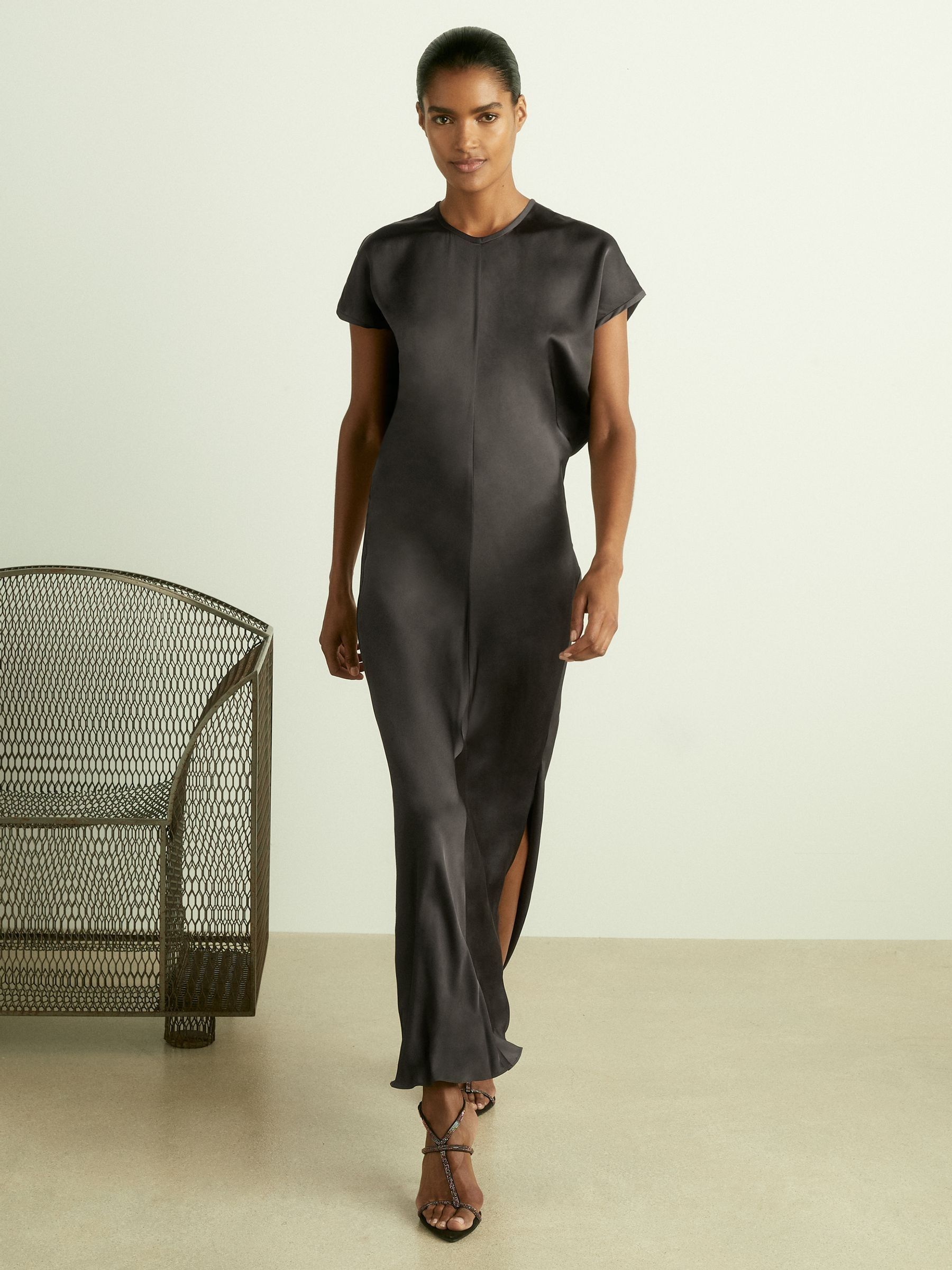 Satin Short-Sleeve Midi Dress in Charcoal - Image 3 of 6