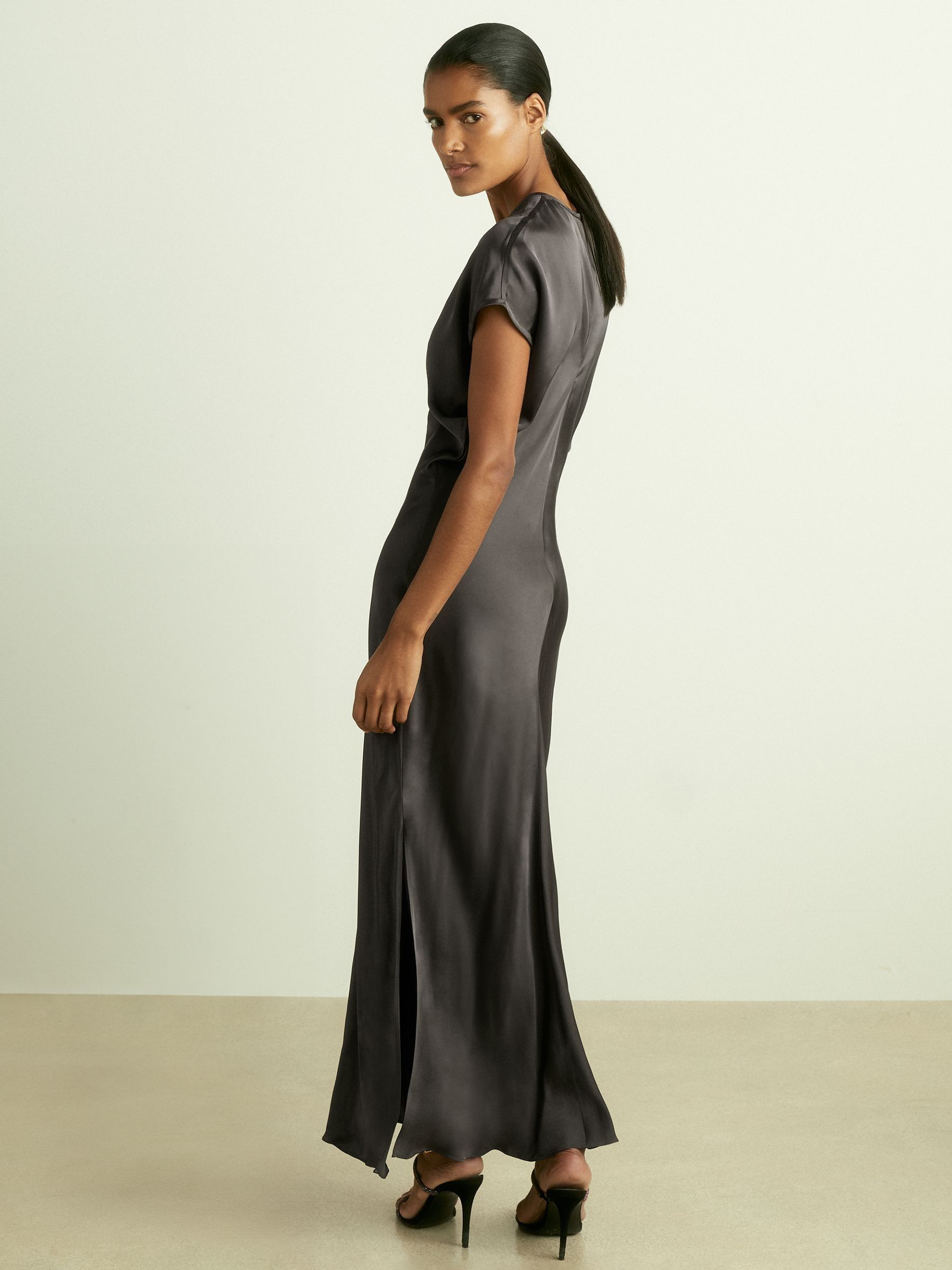 Satin Short-Sleeve Midi Dress in Charcoal - Image 5 of 6